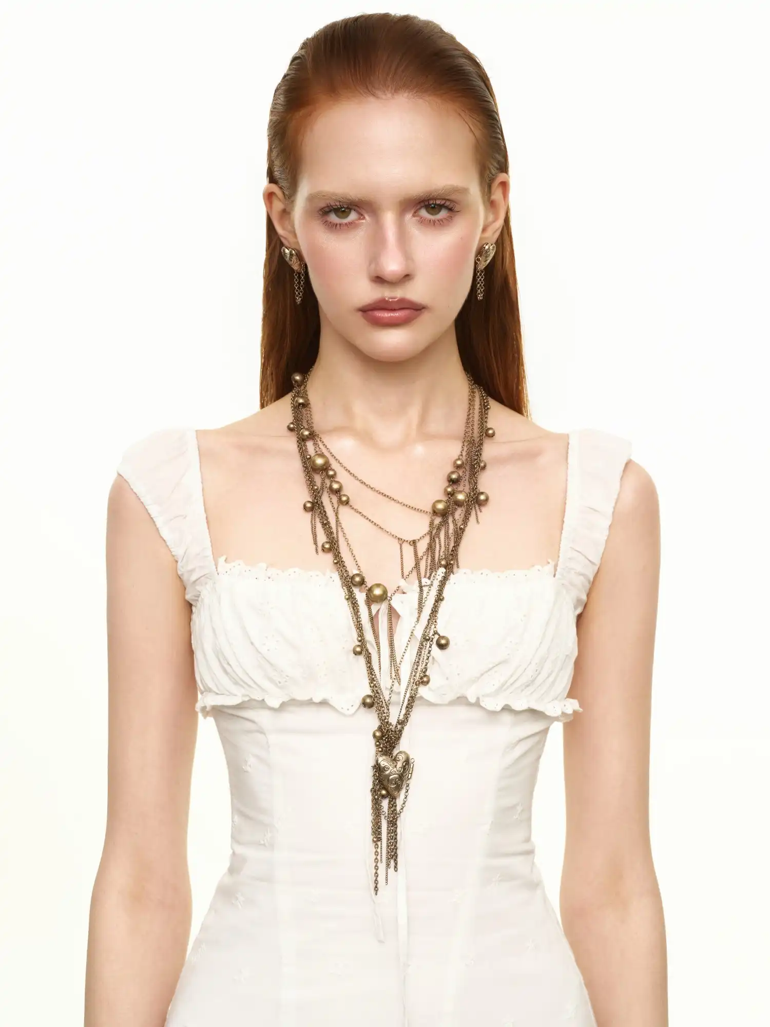 Antique Gold Heart Locket Layered Long Necklace - Image 4