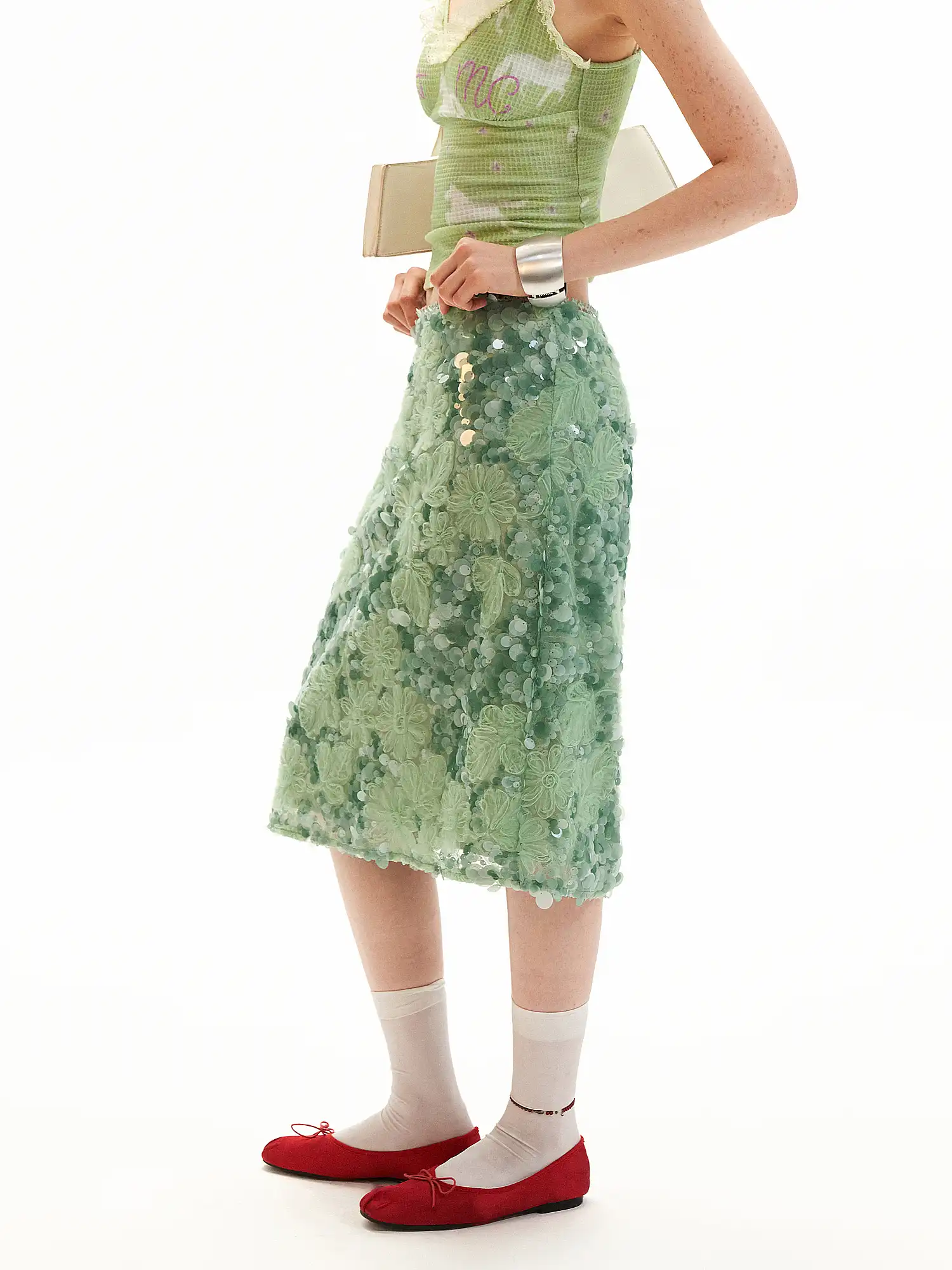 Applique Floral Soft Green Sequin Midi Skirt