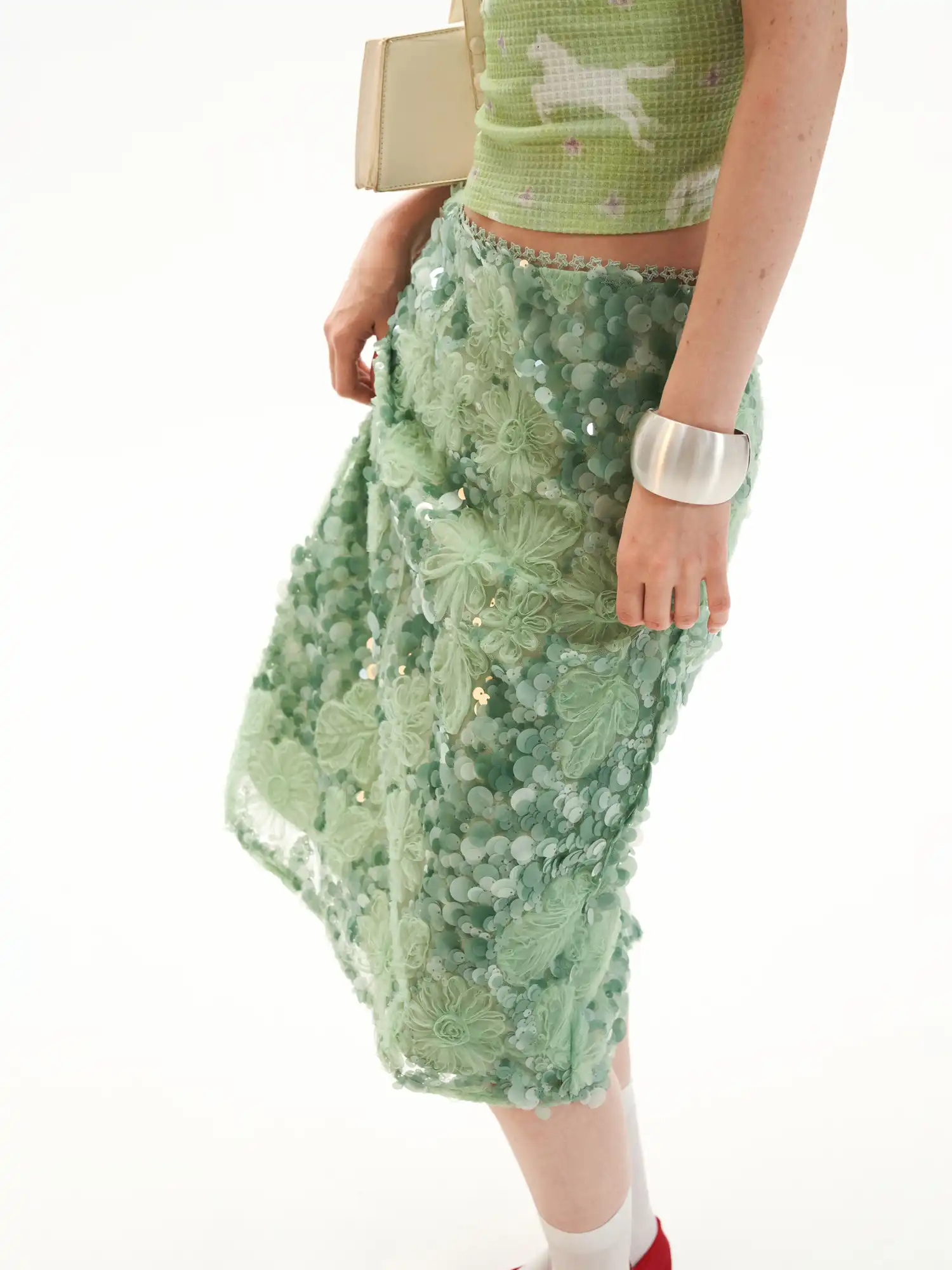Applique Floral Soft Green Sequin Midi Skirt - Image 2