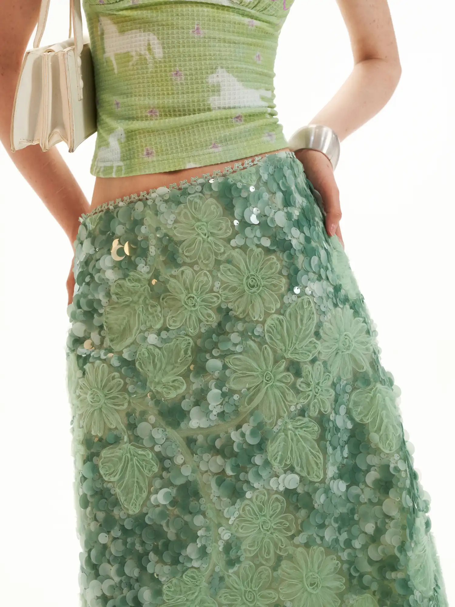 Applique Floral Soft Green Sequin Midi Skirt - Image 3