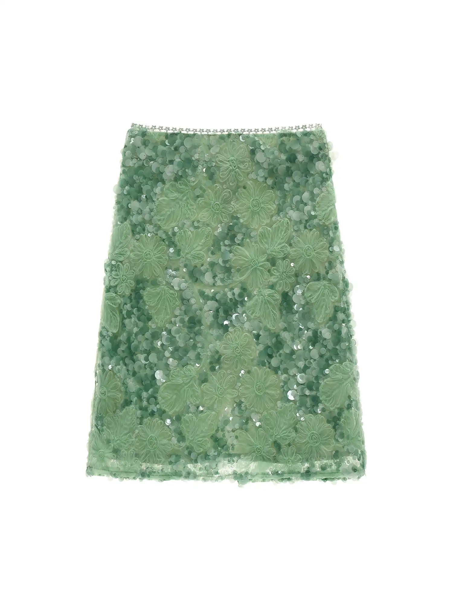Applique Floral Soft Green Sequin Midi Skirt - Image 4