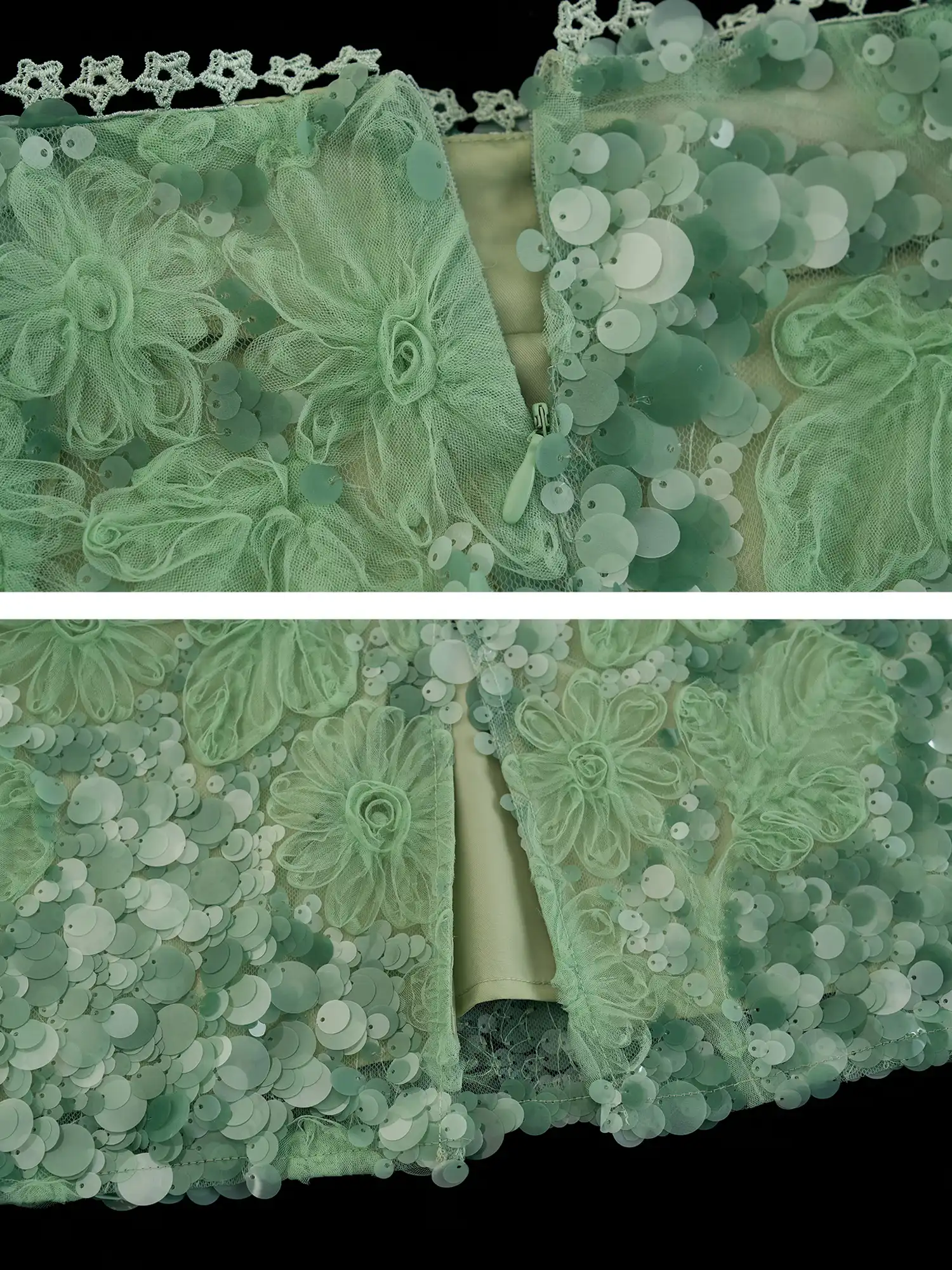 Applique Floral Soft Green Sequin Midi Skirt - Image 5