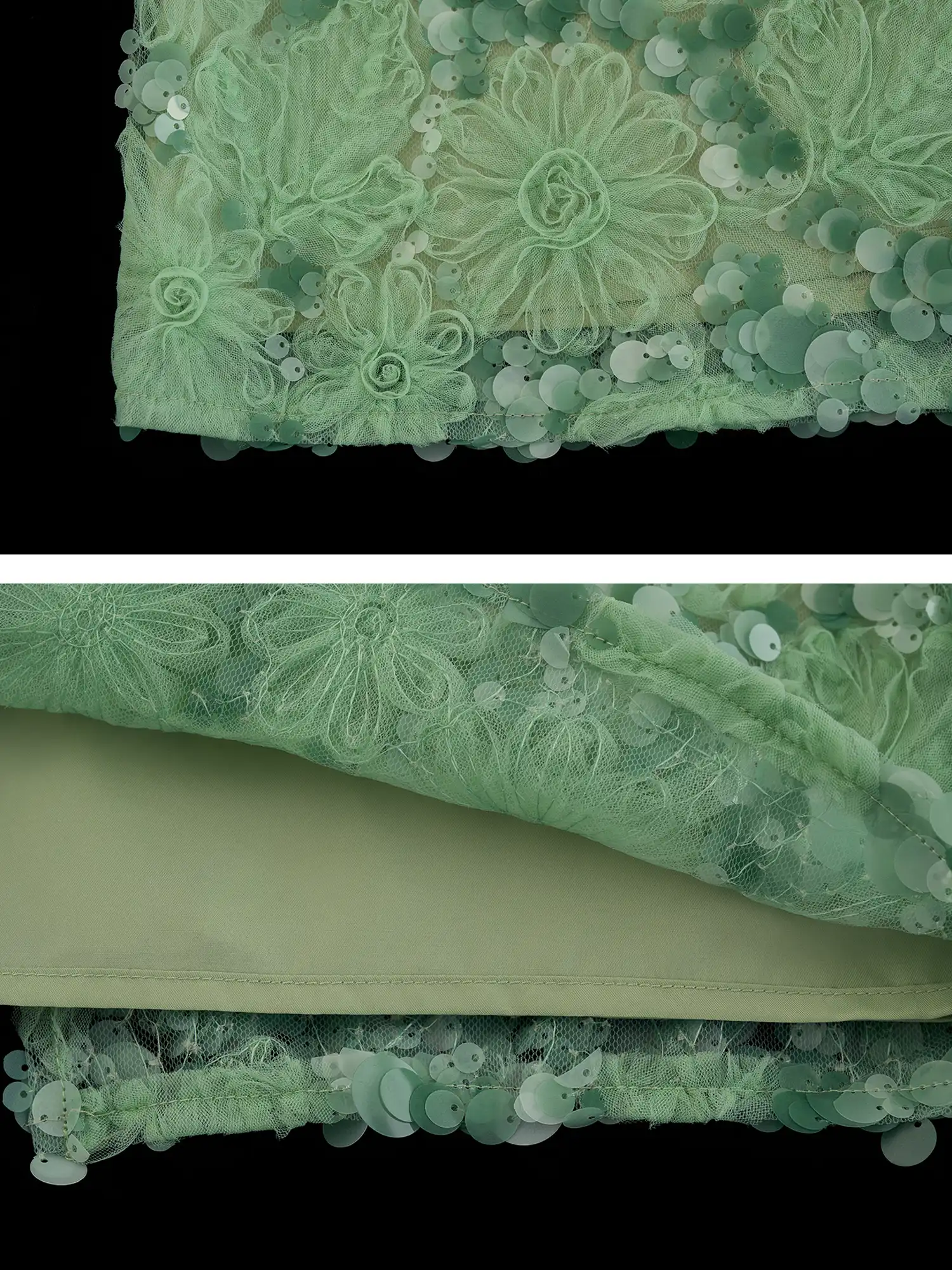 Applique Floral Soft Green Sequin Midi Skirt - Image 6