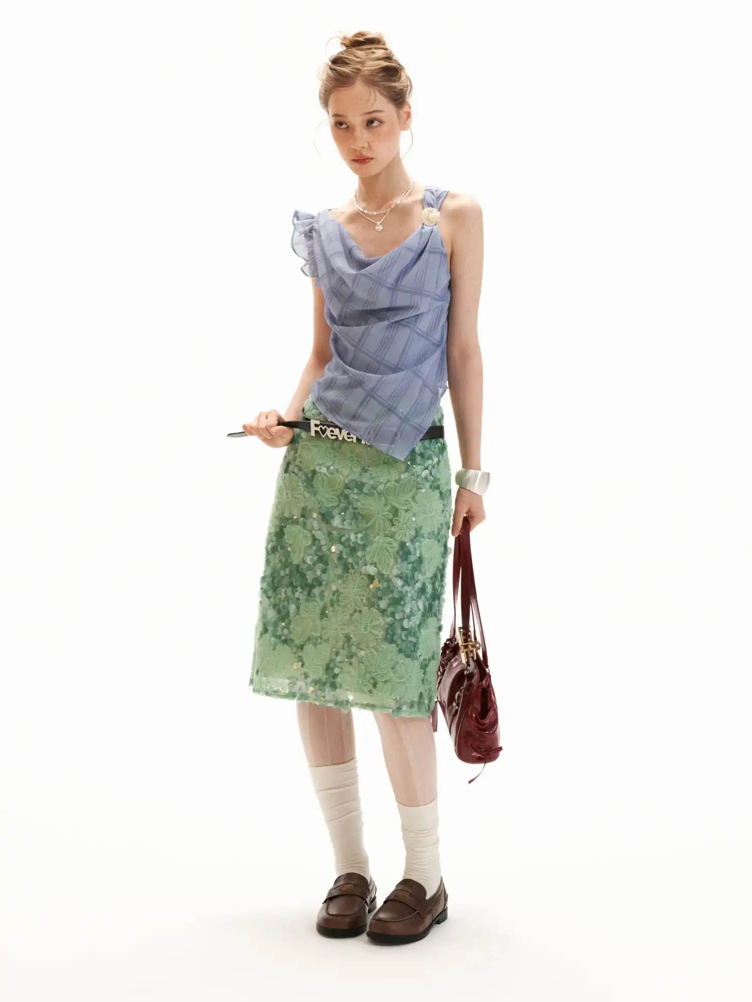 Applique Floral Soft Green Sequin Midi Skirt - Image 7