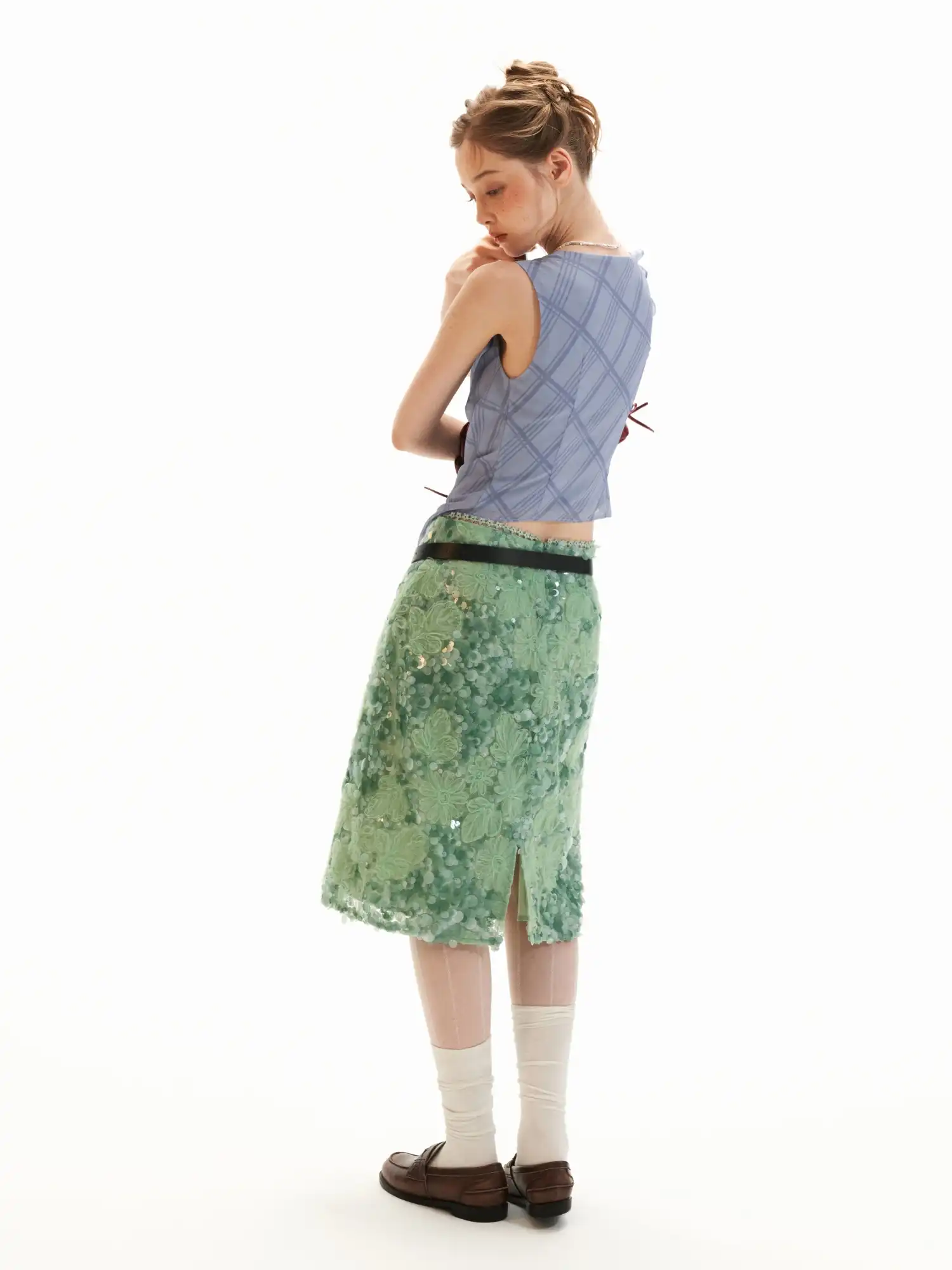 Applique Floral Soft Green Sequin Midi Skirt - Image 8