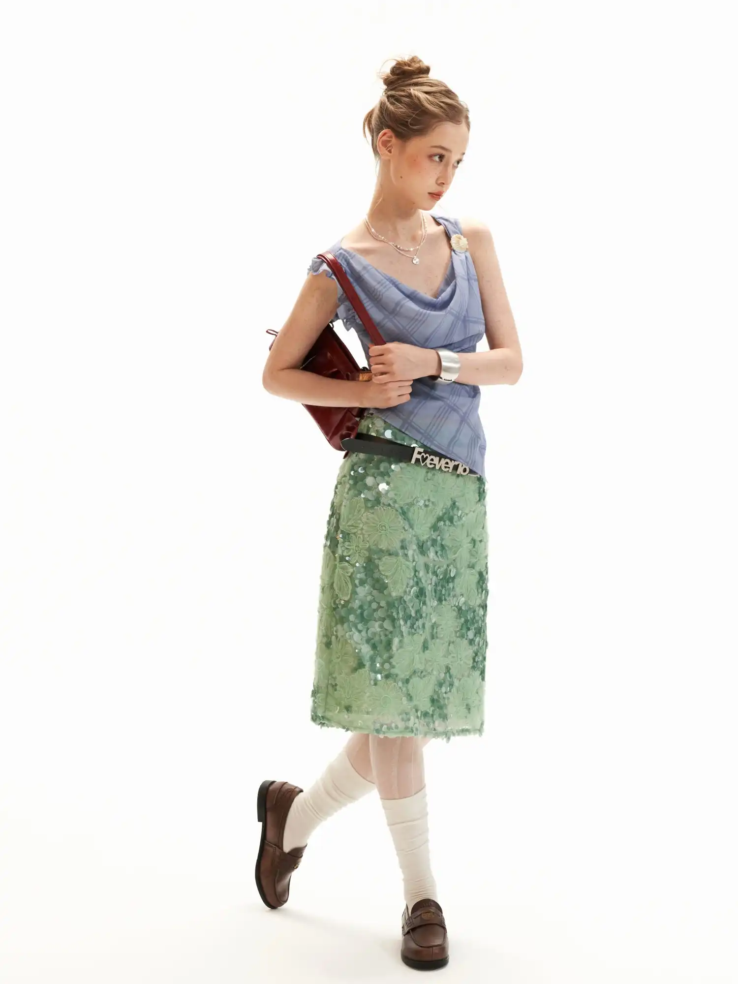 Applique Floral Soft Green Sequin Midi Skirt - Image 9