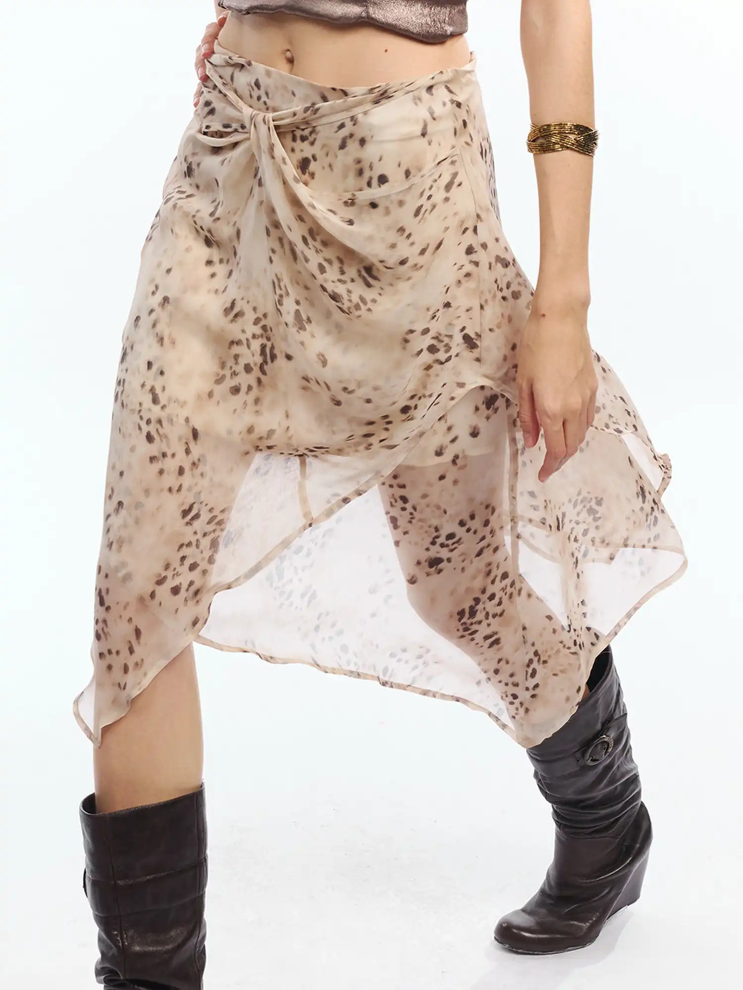 Asymmetric Bias Cut Sheer Skirt Faded Leopard - Image 3