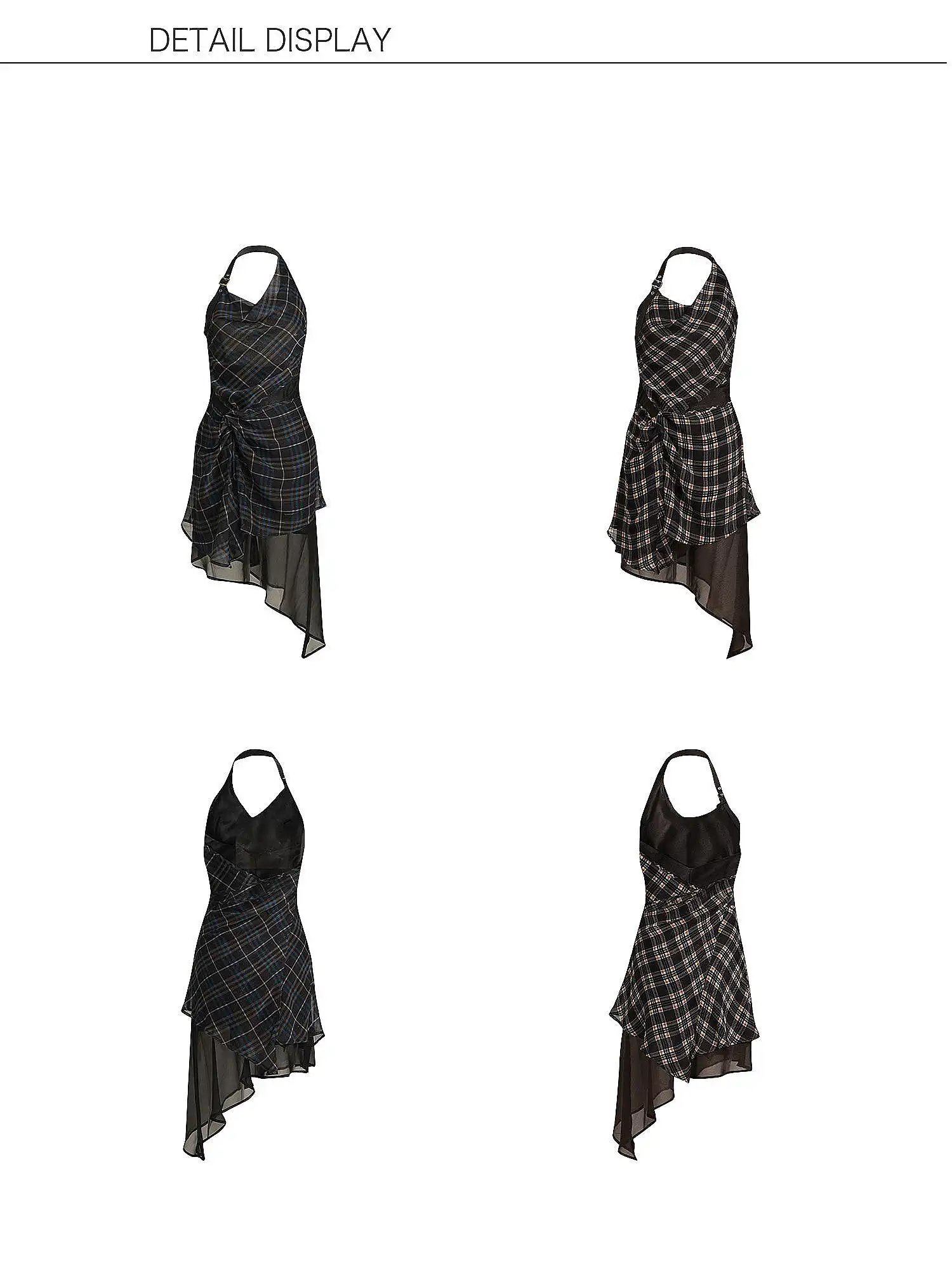 Asymmetric Hem Backless Plaid Halter Dress - Image 13