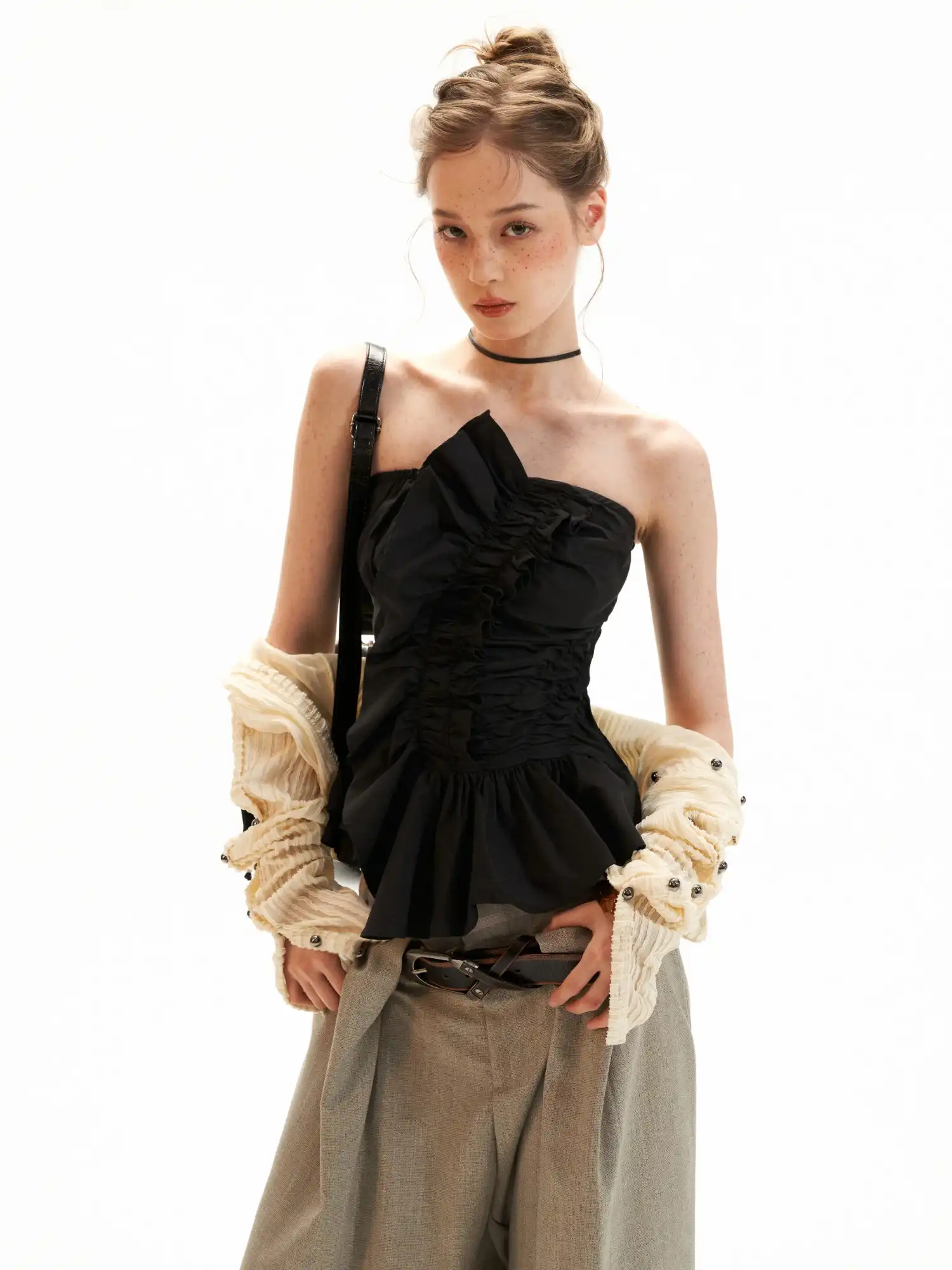 Asymmetric Ruched Strapless Bustier Top - Image 11