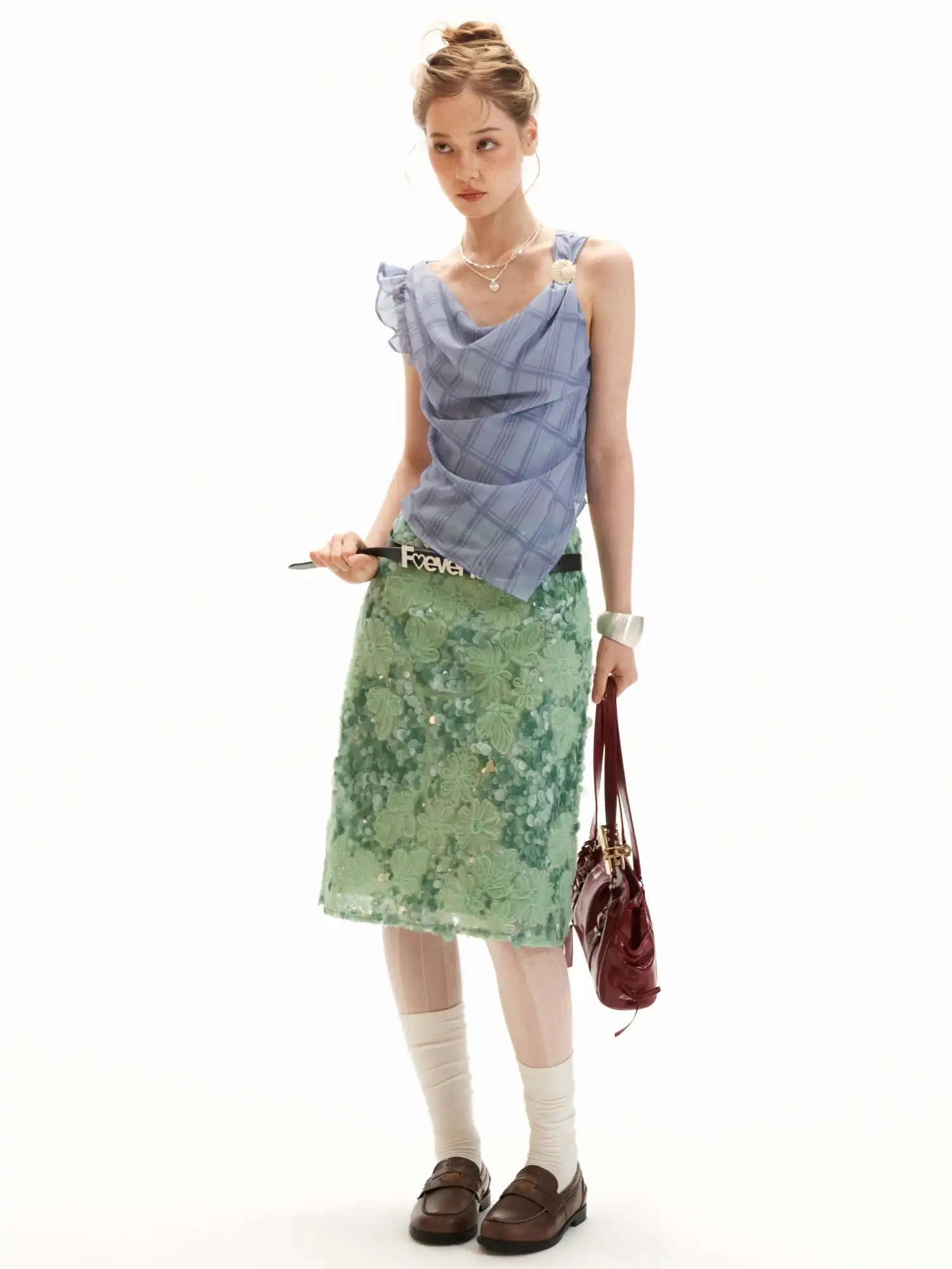Asymmetric Ruffle Chiffon Tank Top with Grid Print - Image 11