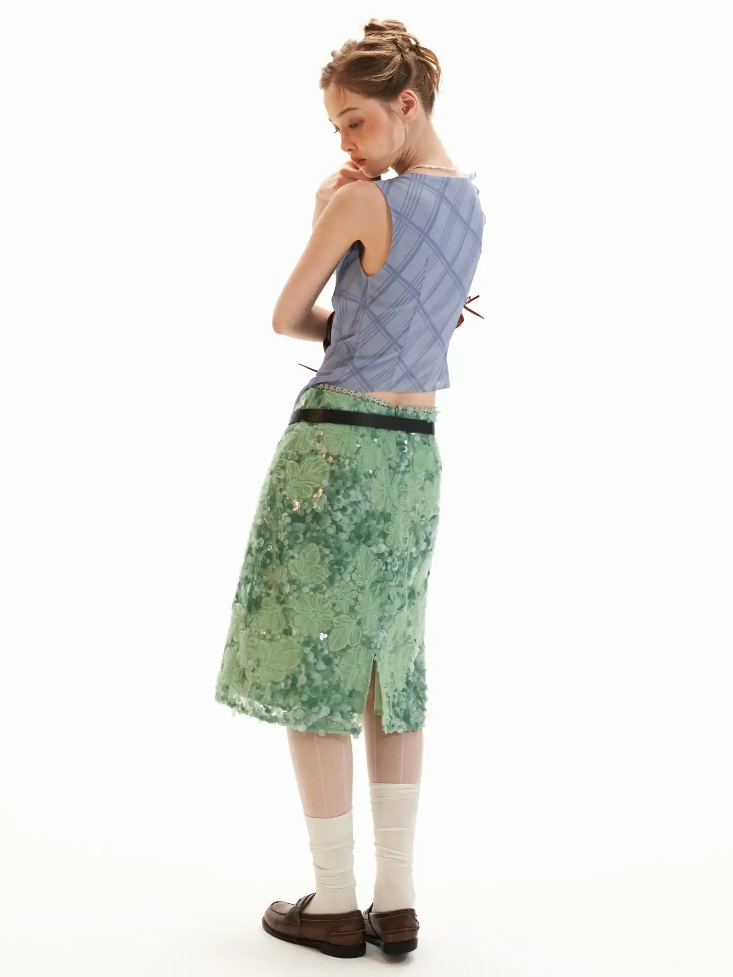 Asymmetric Ruffle Chiffon Tank Top with Grid Print - Image 12