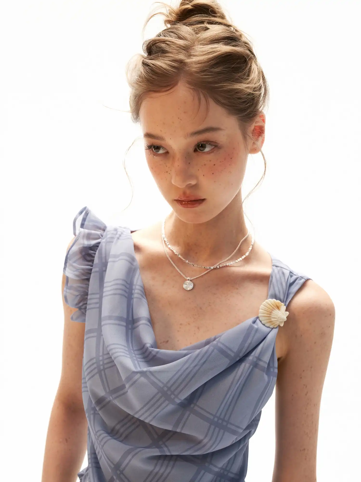 Asymmetric Ruffle Chiffon Tank Top with Grid Print - Image 2