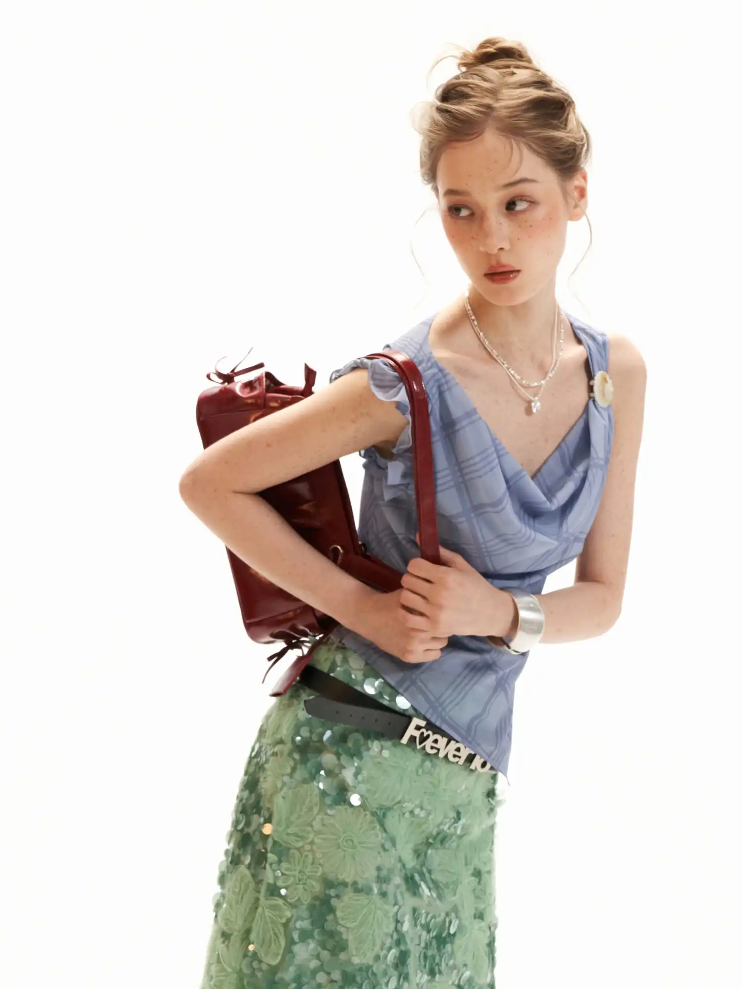 Asymmetric Ruffle Chiffon Tank Top with Grid Print - Image 3