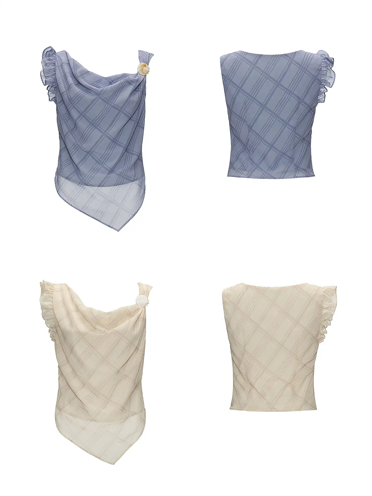 Asymmetric Ruffle Chiffon Tank Top with Grid Print - Image 4