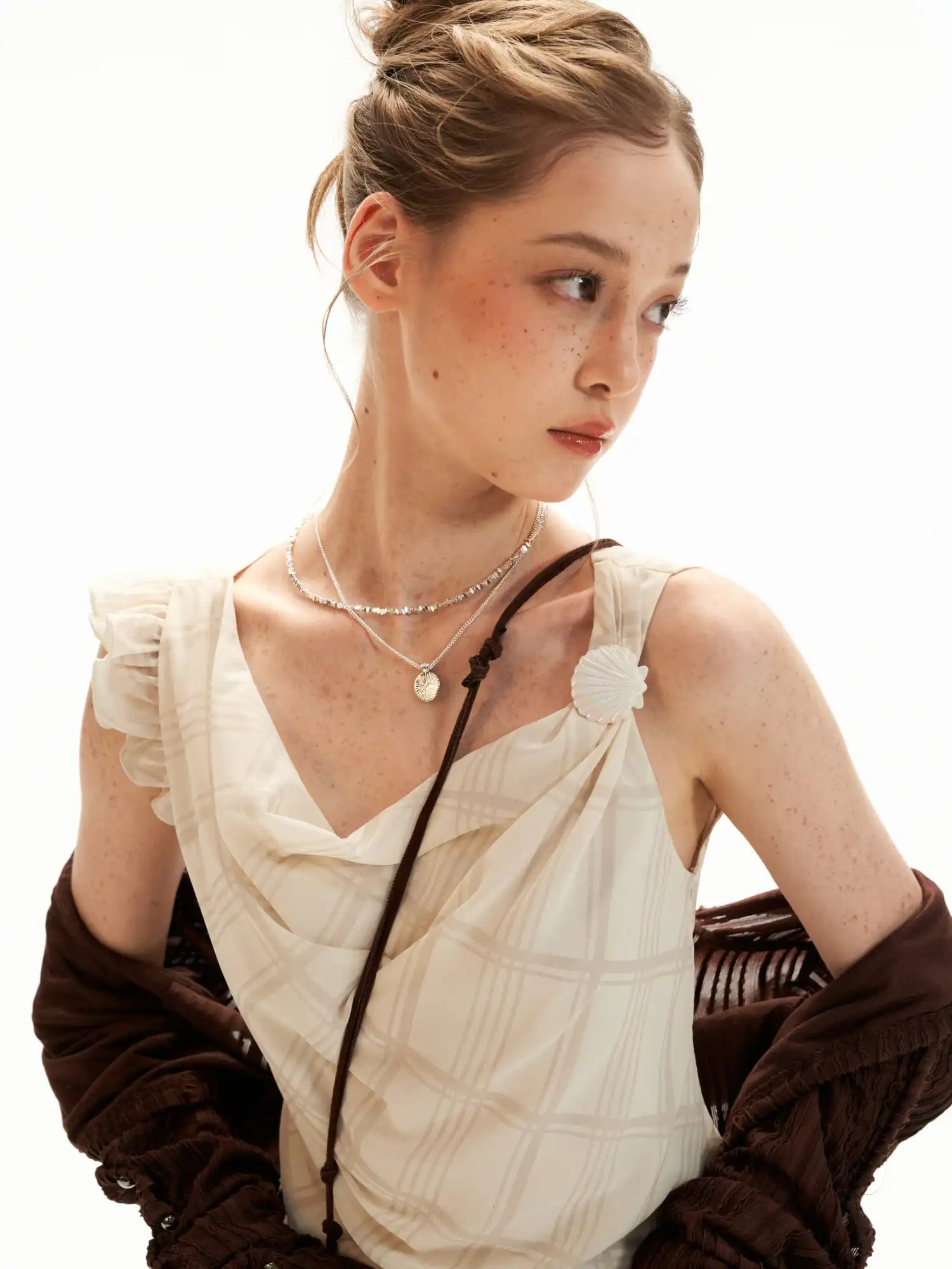 Asymmetric Ruffle Chiffon Tank Top with Grid Print - Image 7