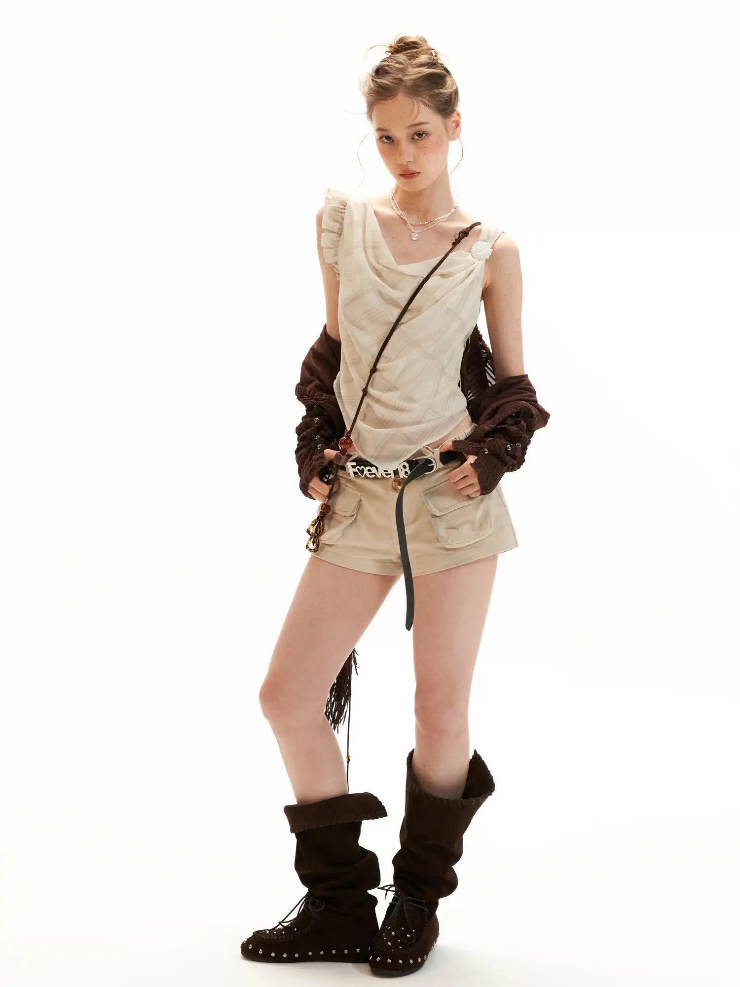 Asymmetric Ruffle Chiffon Tank Top with Grid Print - Image 9