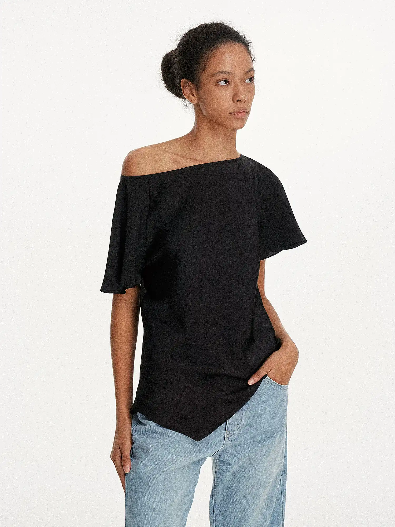 Asymmetrical Satin-Feel Off Shoulder Draped Top