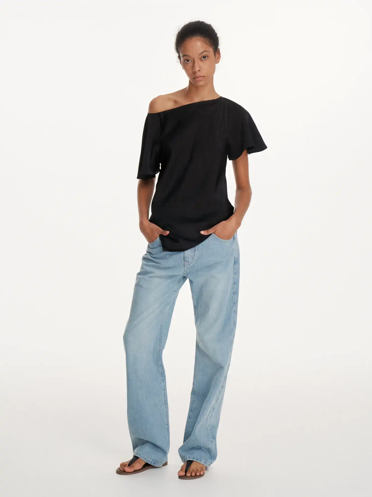 Asymmetrical Satin-Feel Off Shoulder Draped Top - Image 2