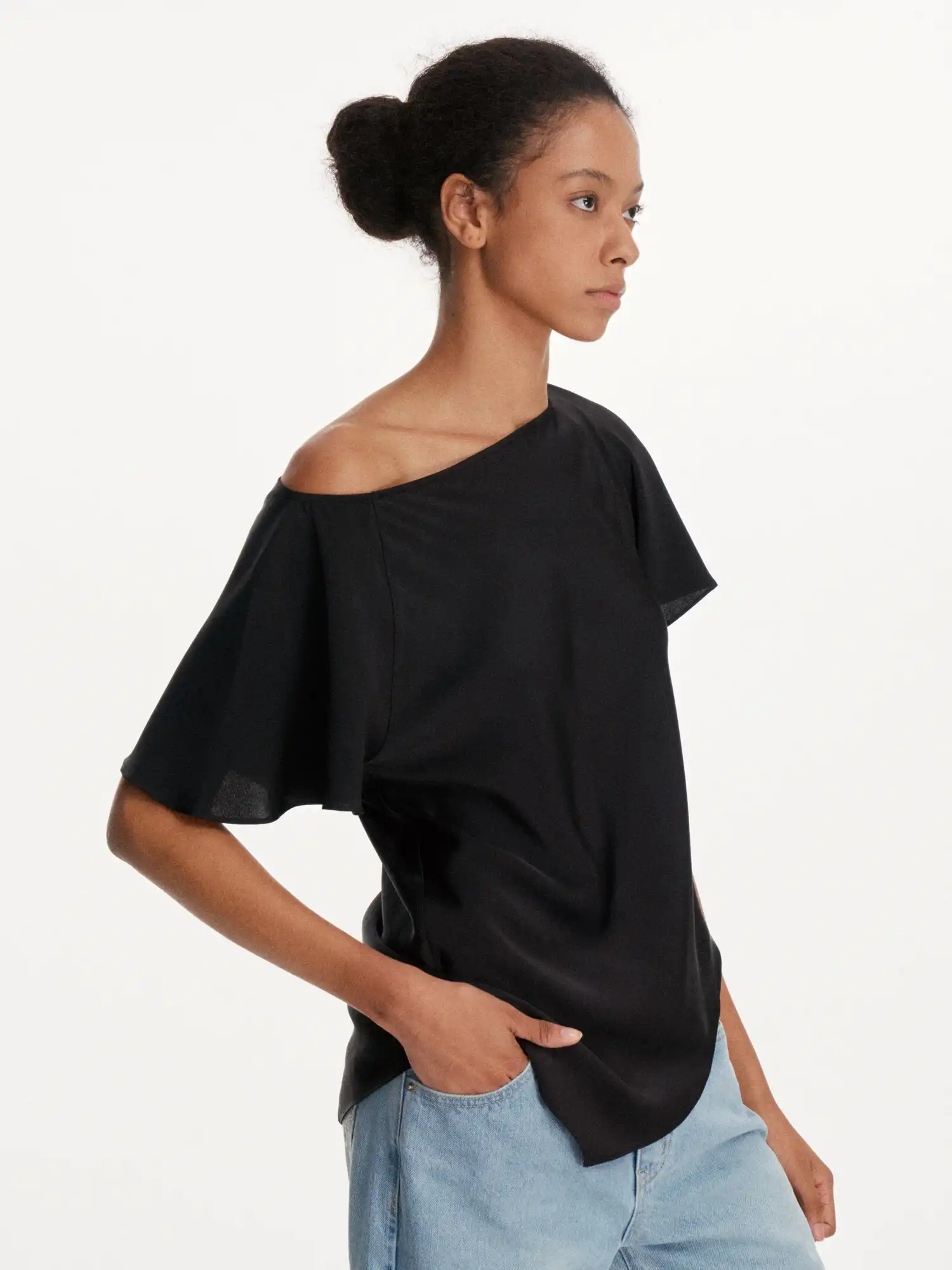 Asymmetrical Satin-Feel Off Shoulder Draped Top - Image 3