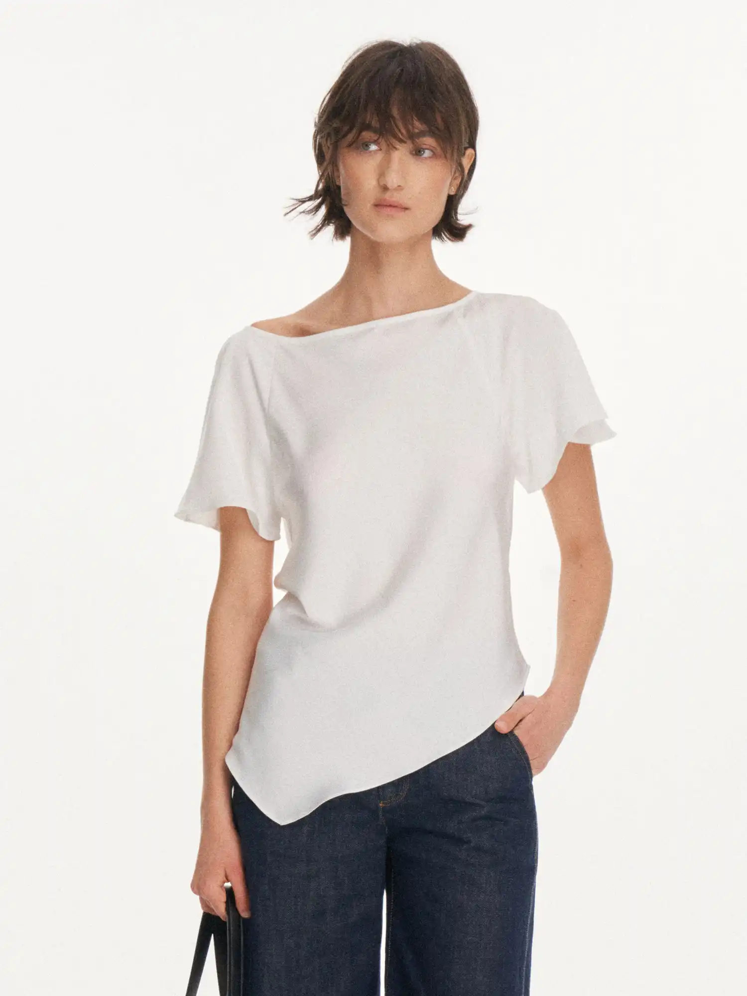 Asymmetrical Satin-Feel Off Shoulder Draped Top - Image 4