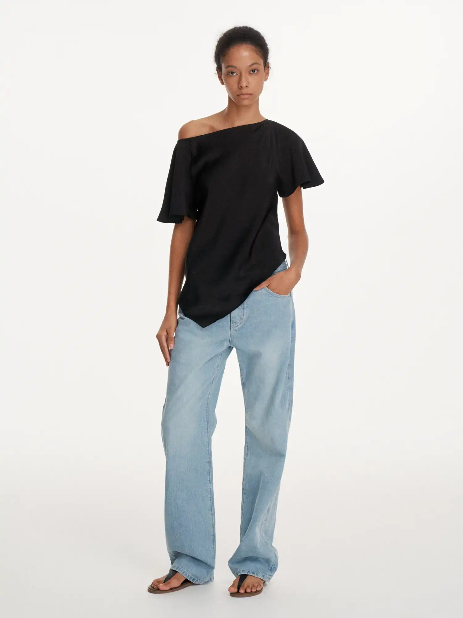 Asymmetrical Satin-Feel Off Shoulder Draped Top - Image 6