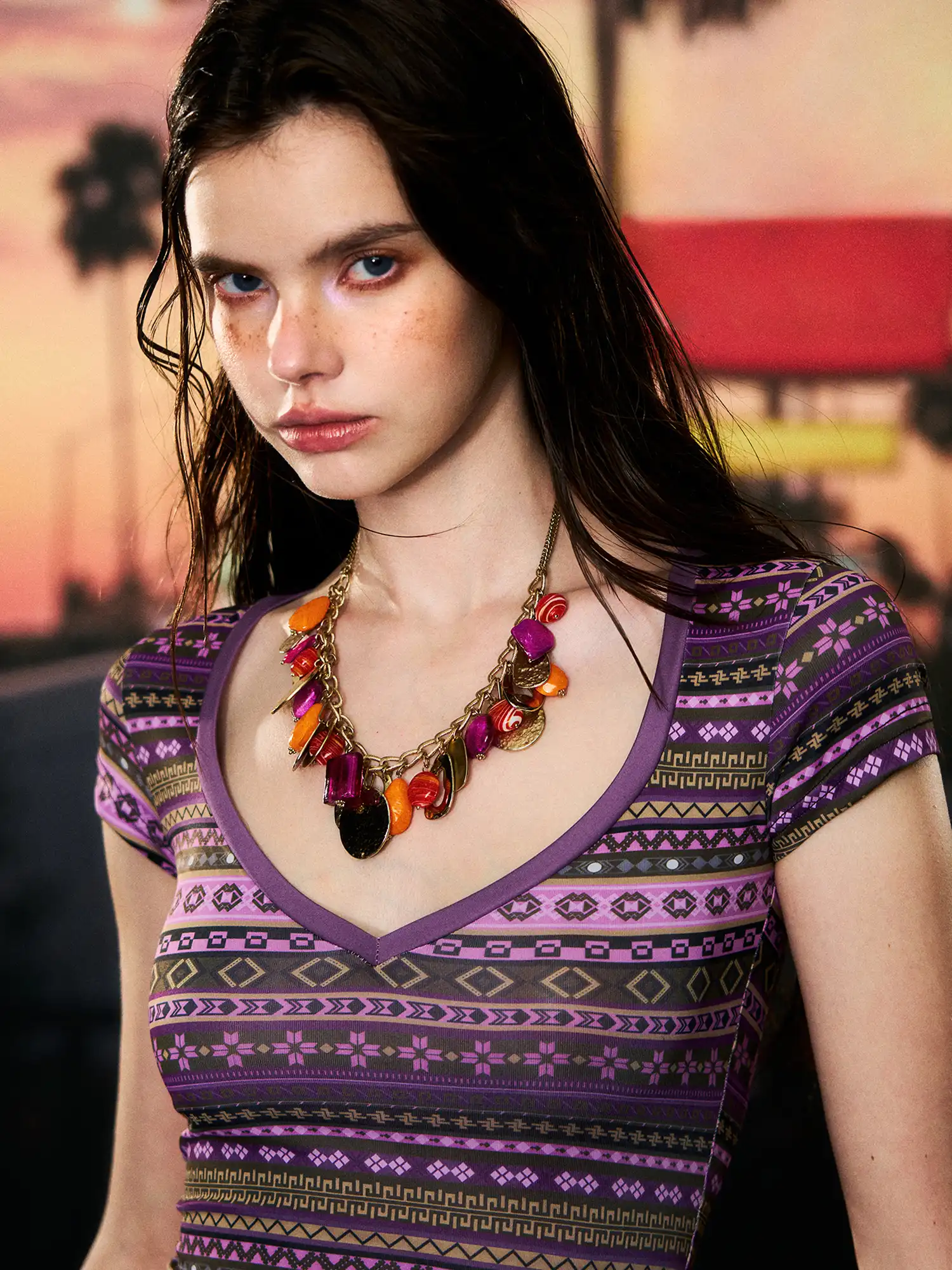 Aztec Cropped V-Neck Fitted Tee - Image 2