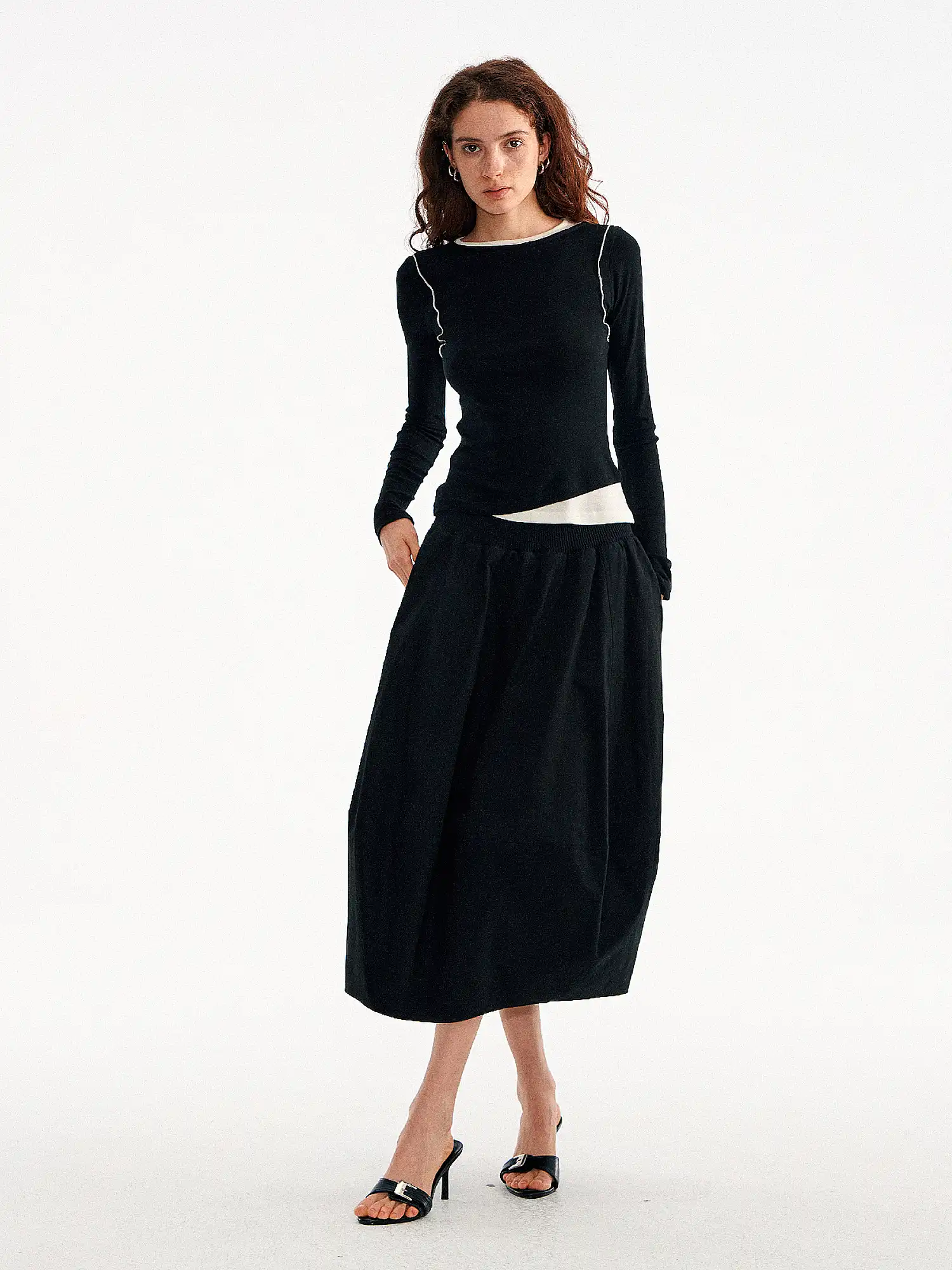 Basic Black Ruched Balloon Midi Skirt - Image 6
