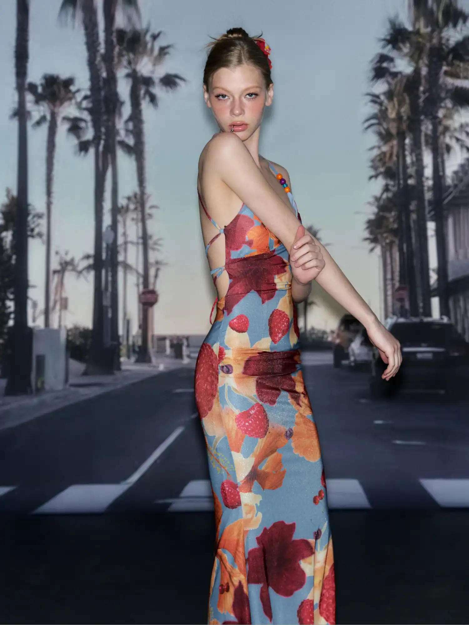 Beaded Strap Tropical Hibiscus Long Dress - Image 4