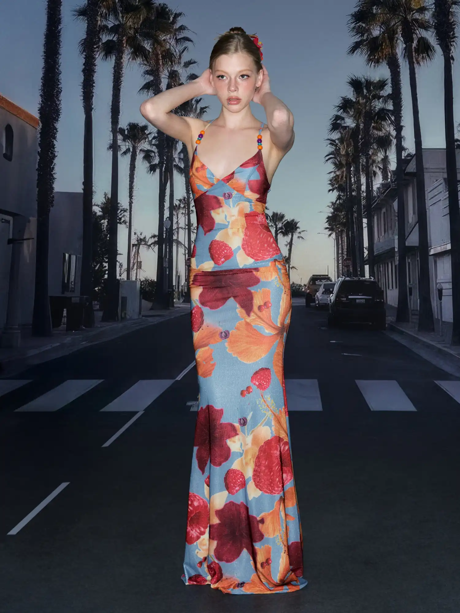 Beaded Strap Tropical Hibiscus Long Dress - Image 5