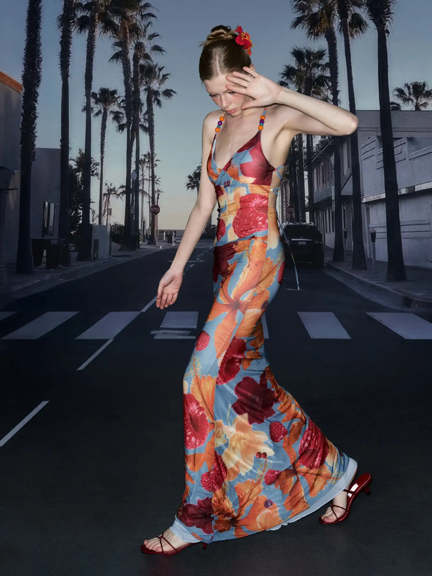 Beaded Strap Tropical Hibiscus Long Dress - Image 8