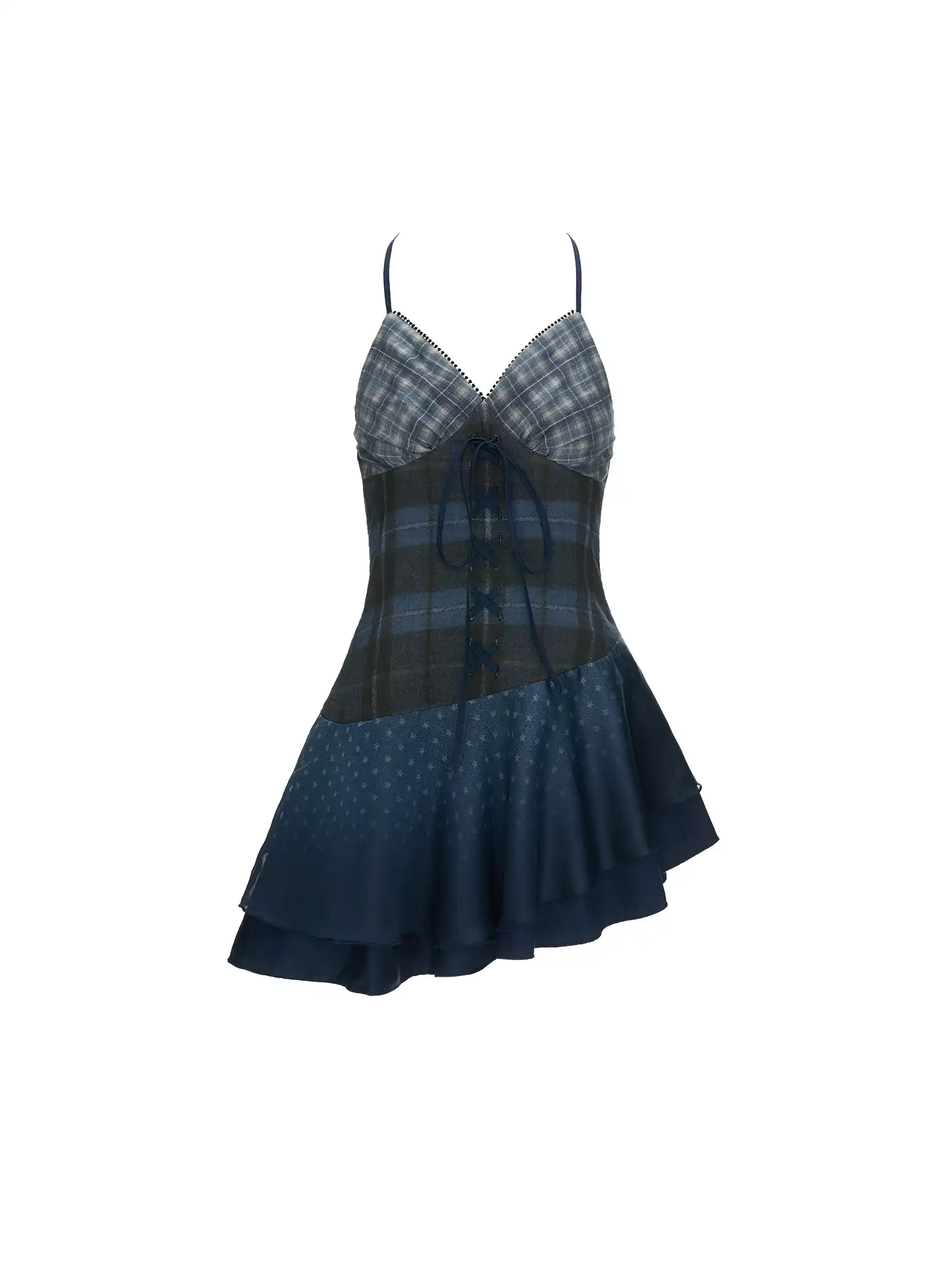 Blue Plaid Halterneck Mesh Mini Dress - Image 3