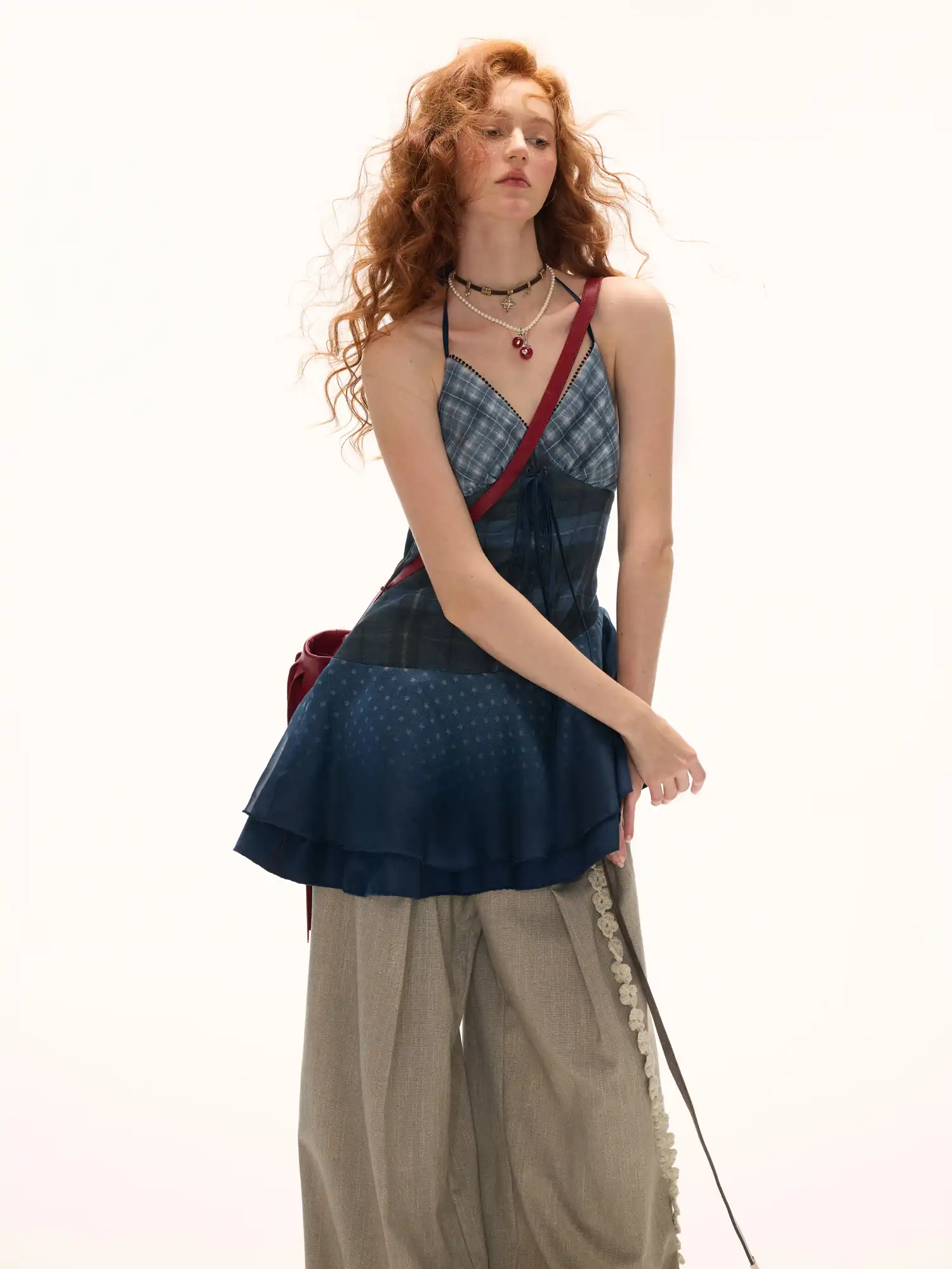 Blue Plaid Halterneck Mesh Mini Dress - Image 4