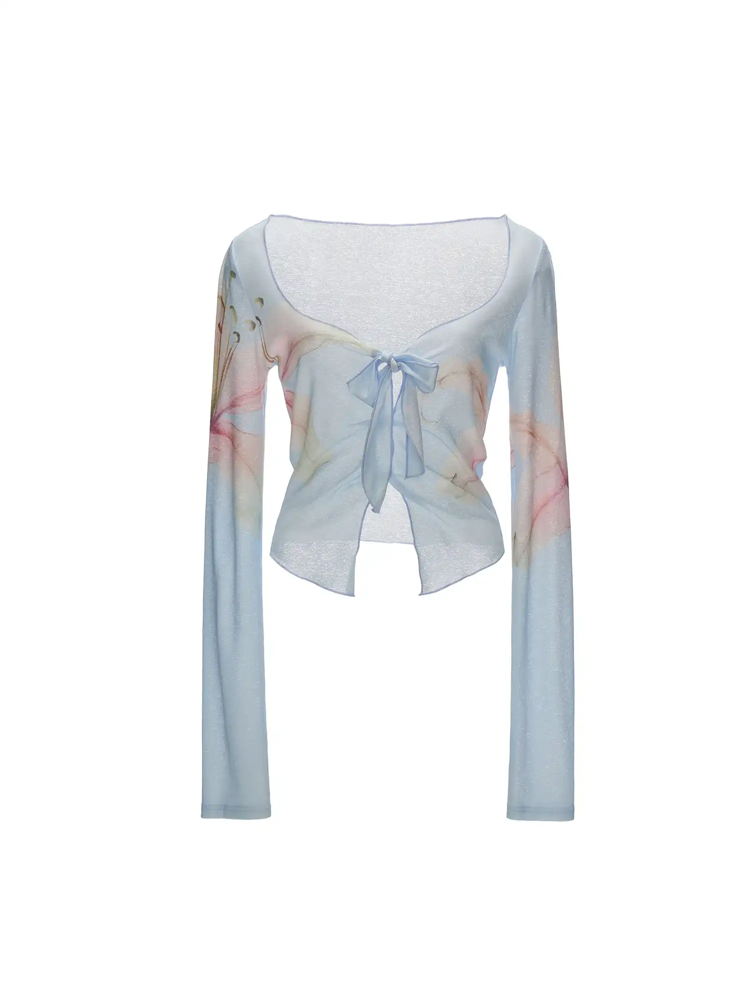 Blue Watercolor Lily Sheer Tie Front Top - Image 2