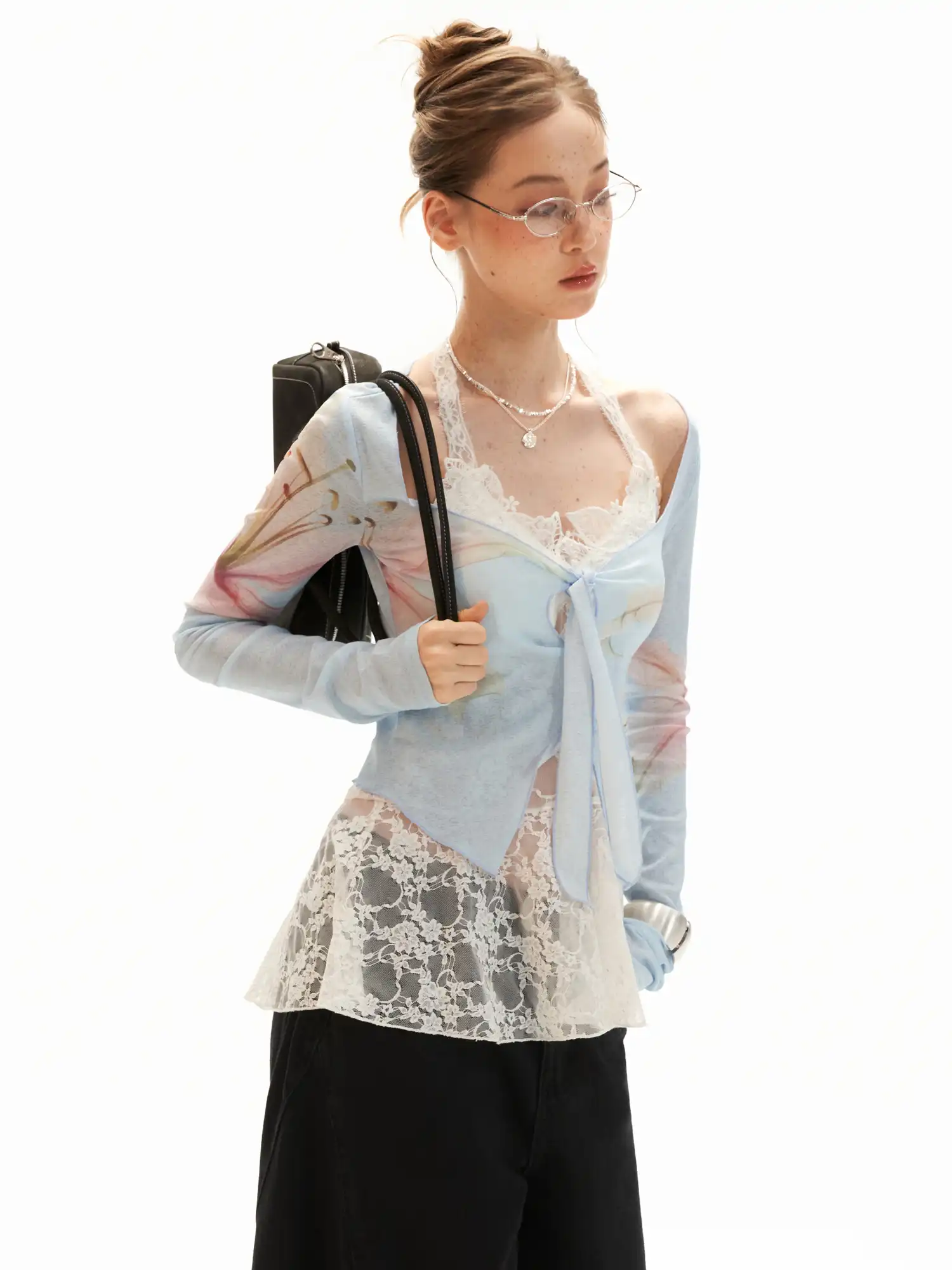 Blue Watercolor Lily Sheer Tie Front Top - Image 4