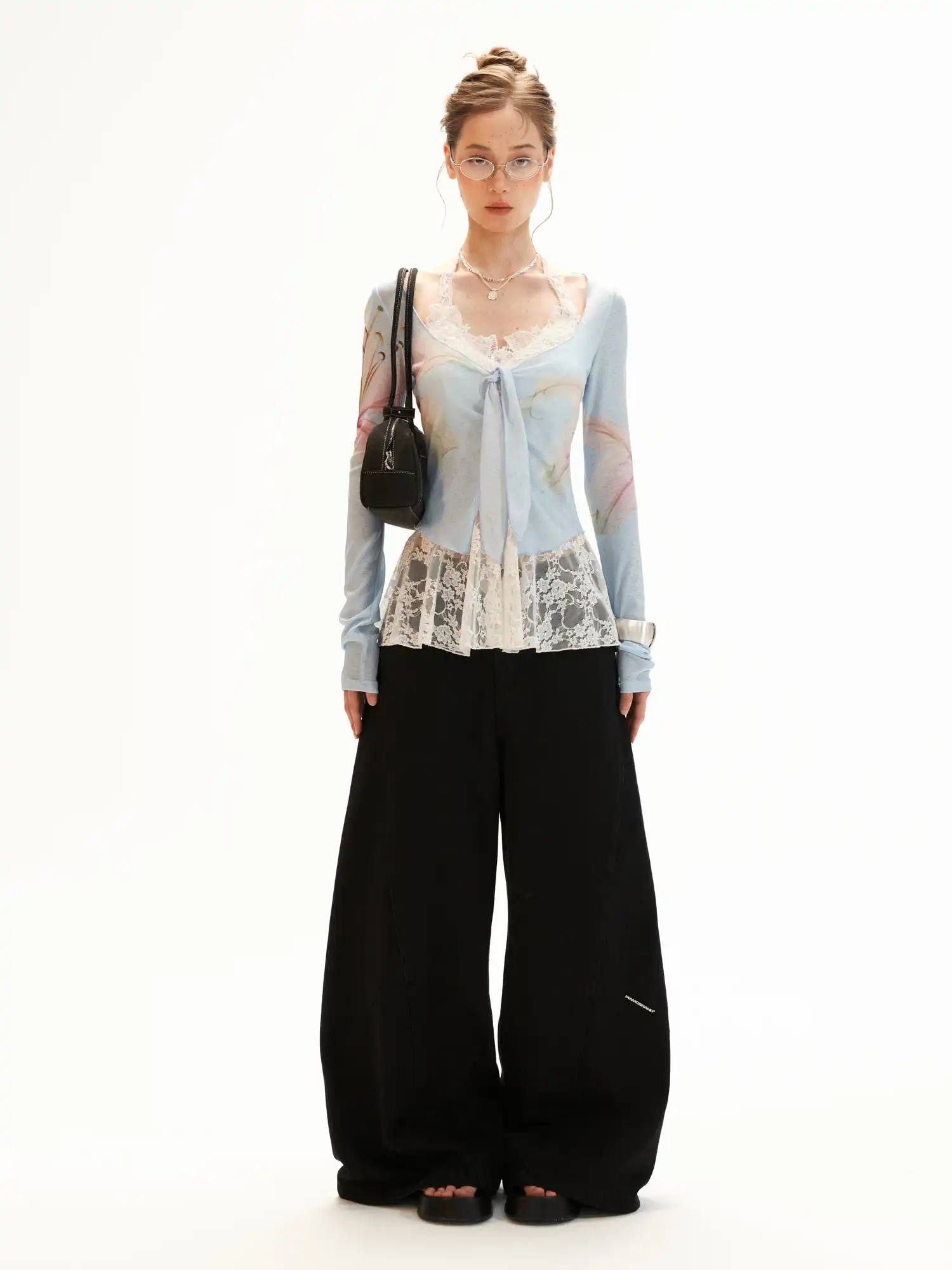 Blue Watercolor Lily Sheer Tie Front Top - Image 5