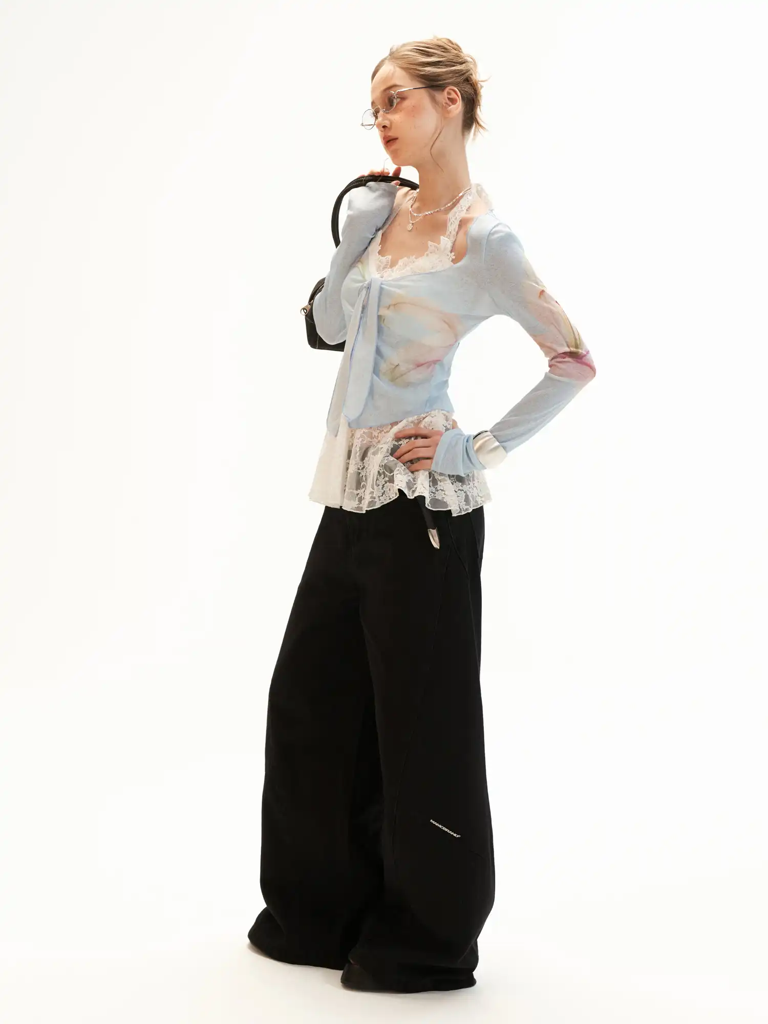 Blue Watercolor Lily Sheer Tie Front Top - Image 6