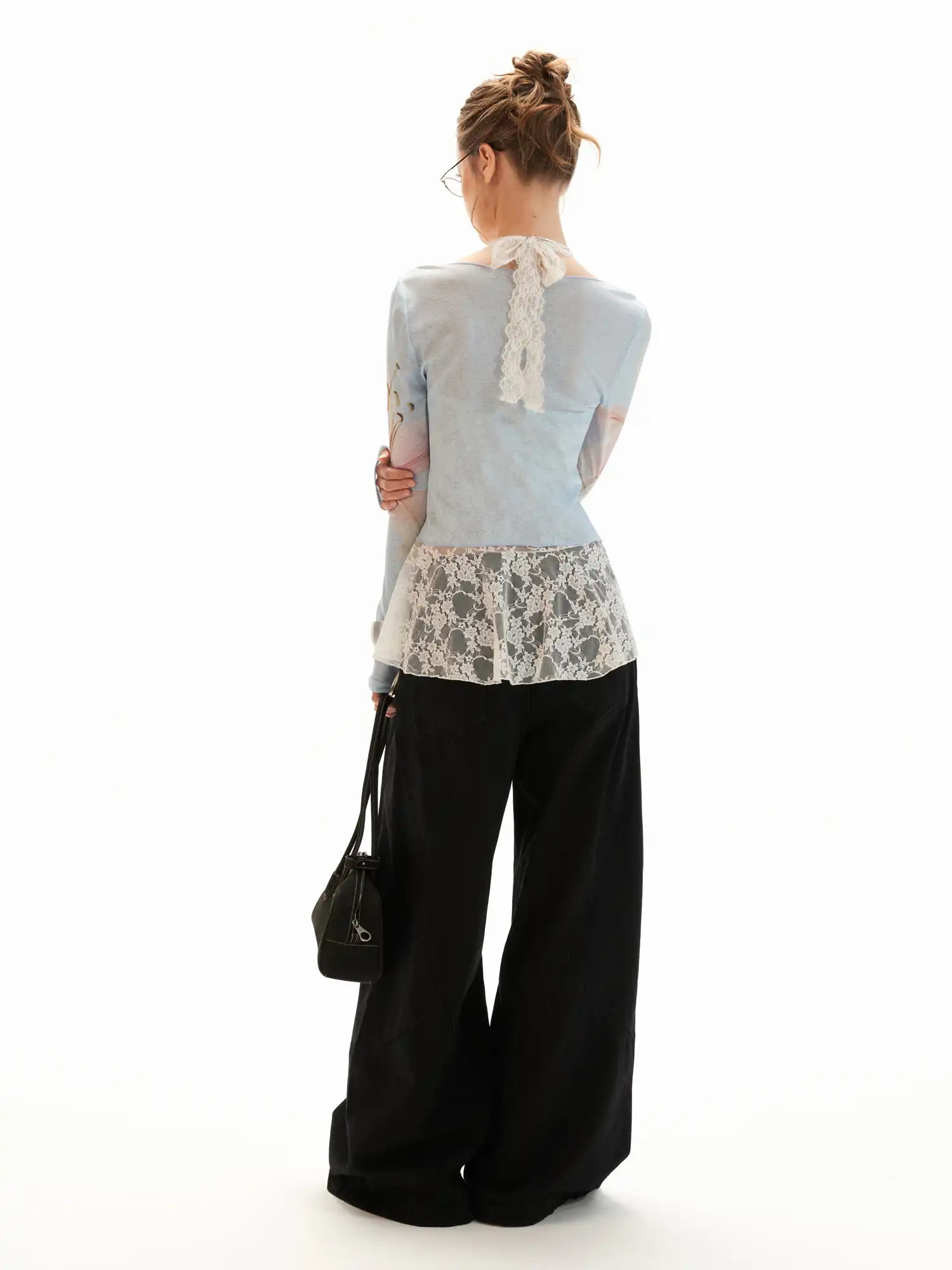Blue Watercolor Lily Sheer Tie Front Top - Image 7