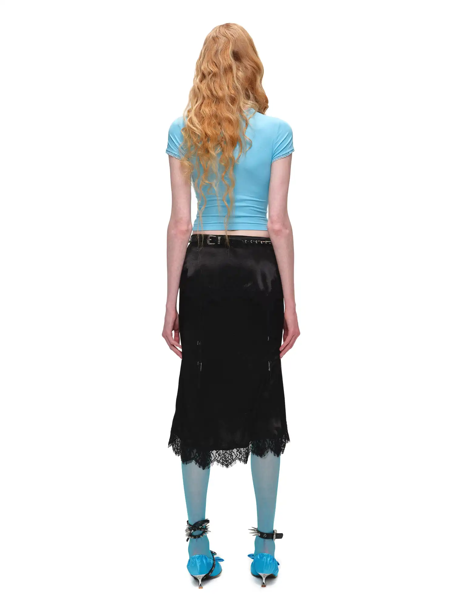 Bodycon Satin Lace Trim Midi Skirt - Image 11
