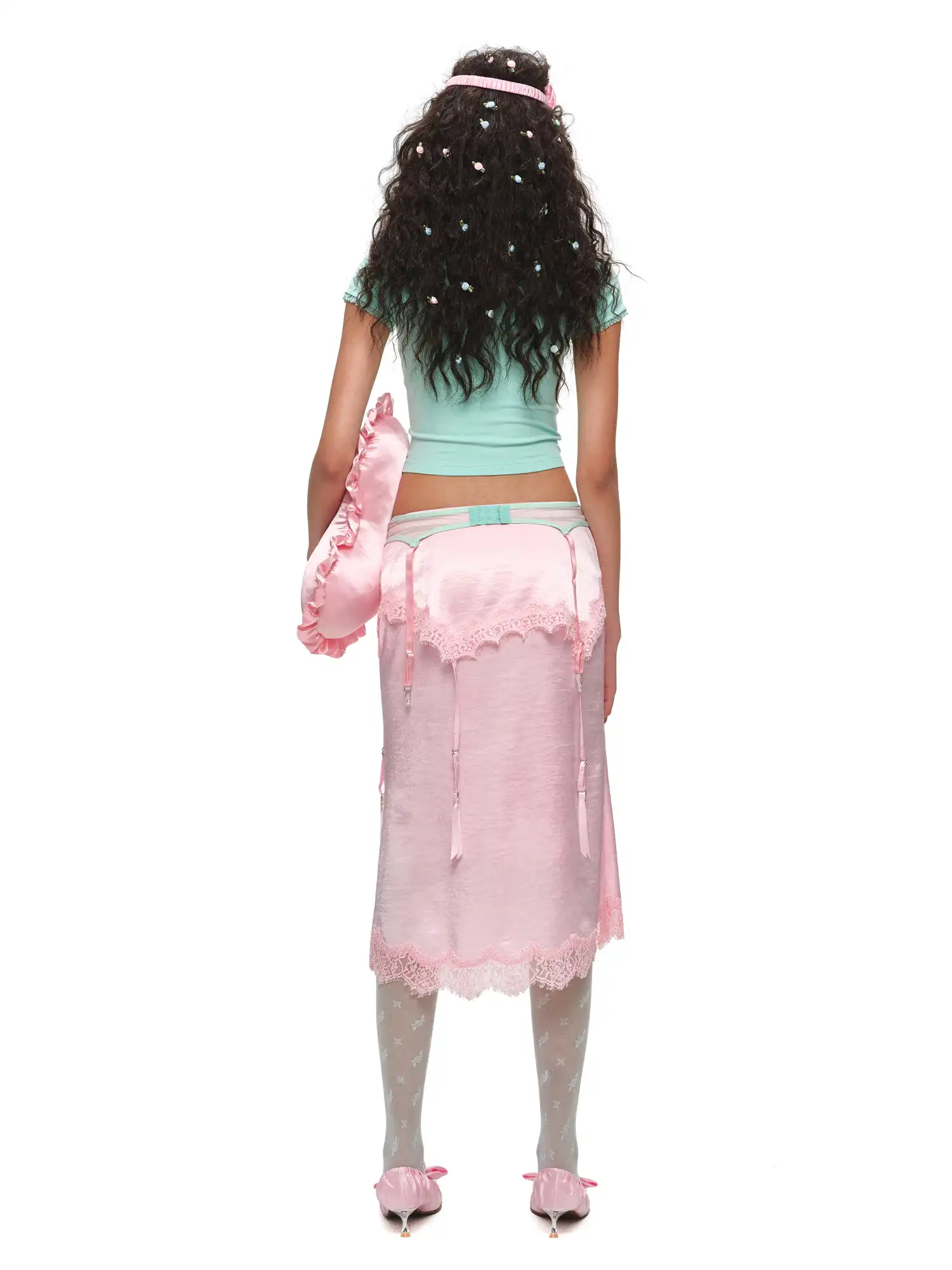 Bodycon Satin Lace Trim Midi Skirt - Image 6