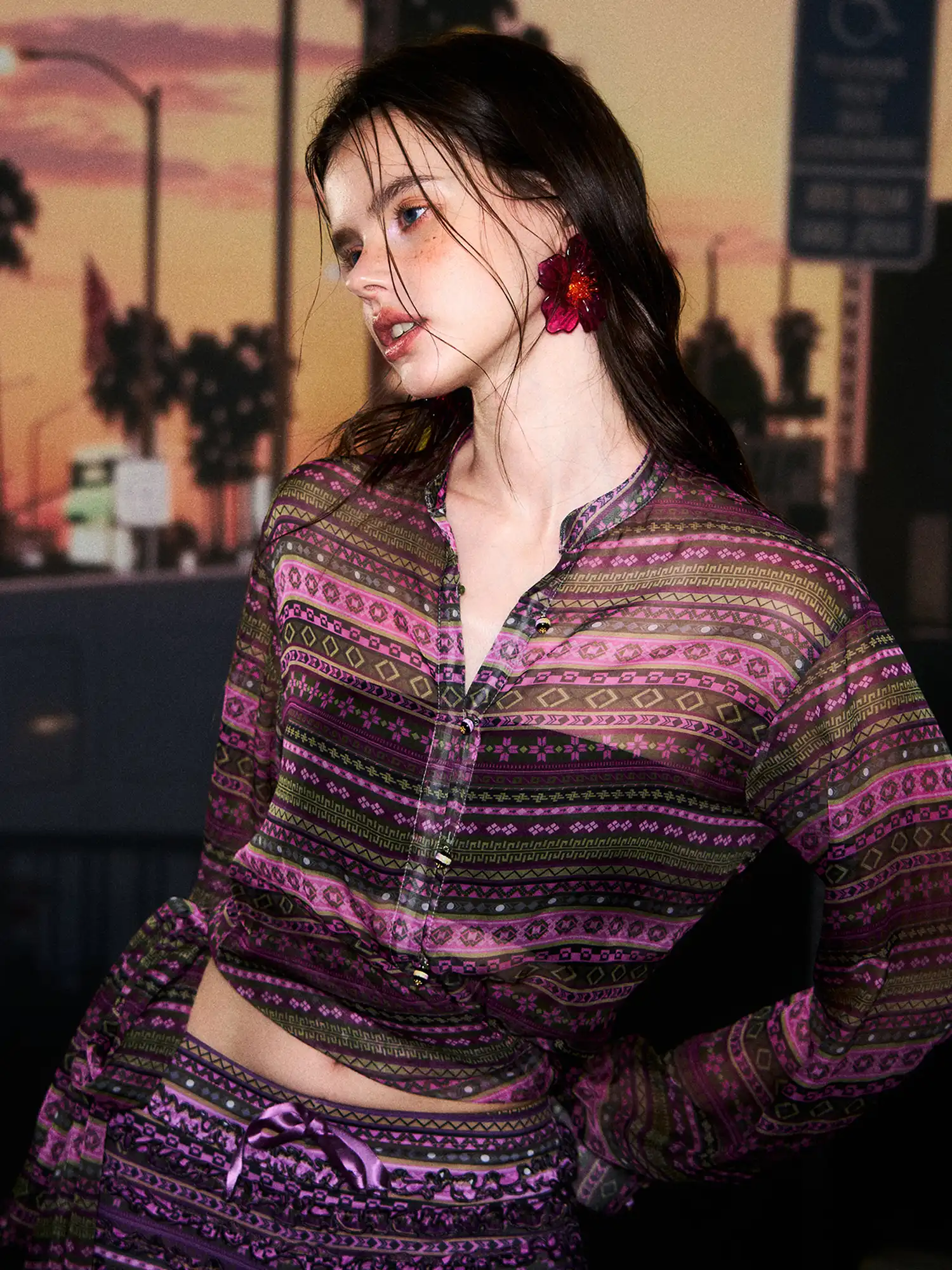 Boho Geometric Print Sheer Tie Shirt