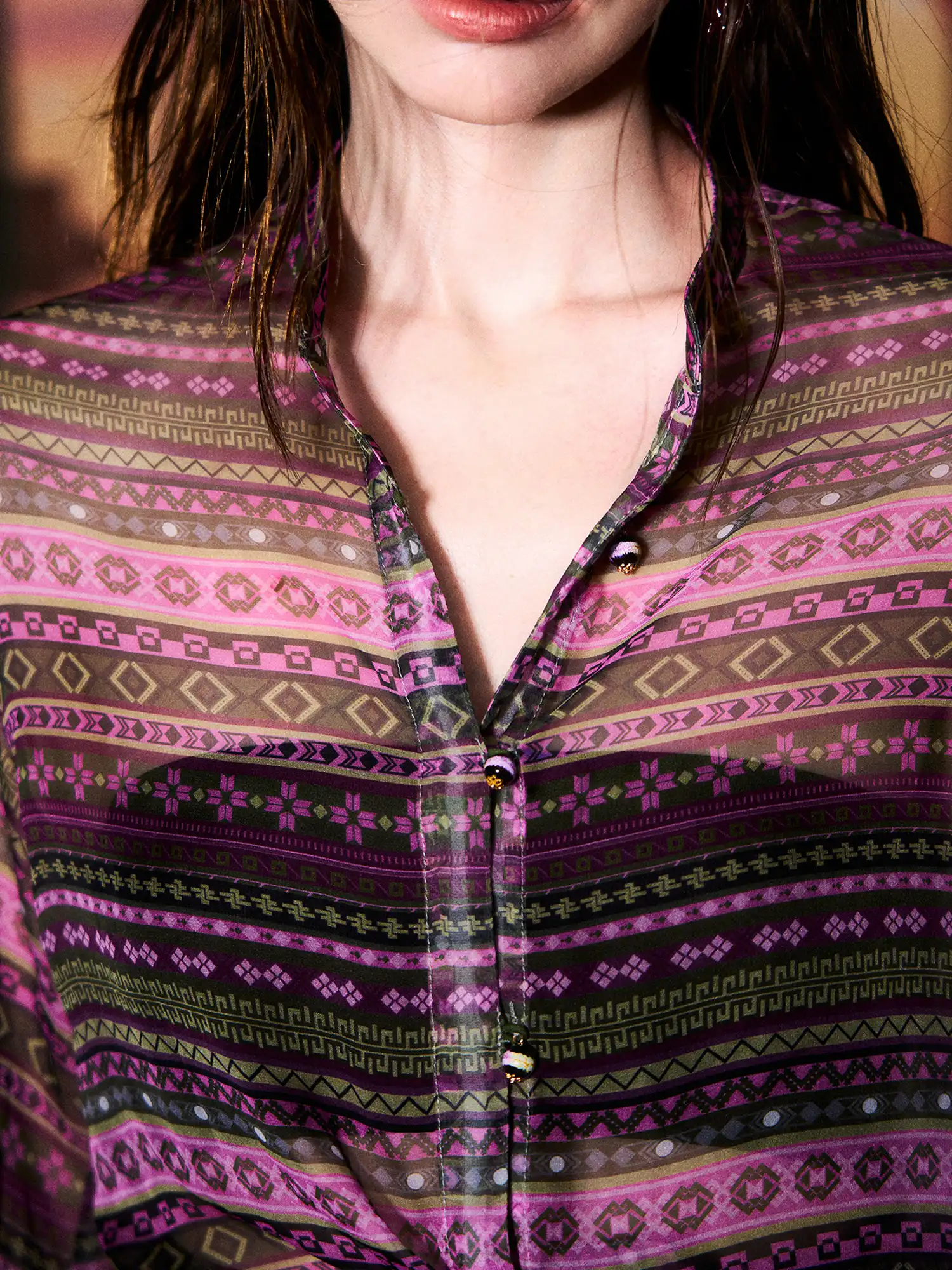 Boho Geometric Print Sheer Tie Shirt - Image 3