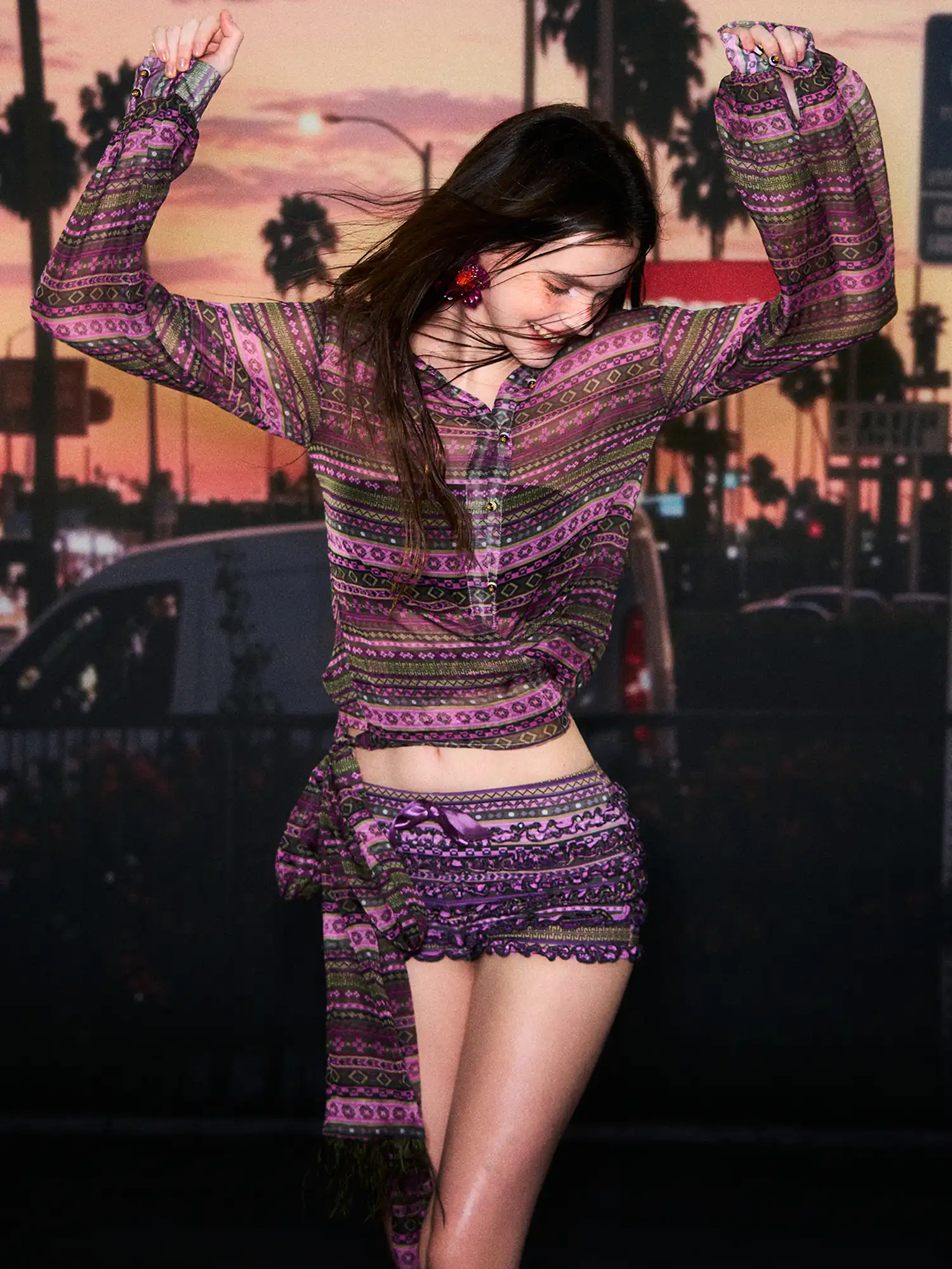 Boho Geometric Print Sheer Tie Shirt - Image 4