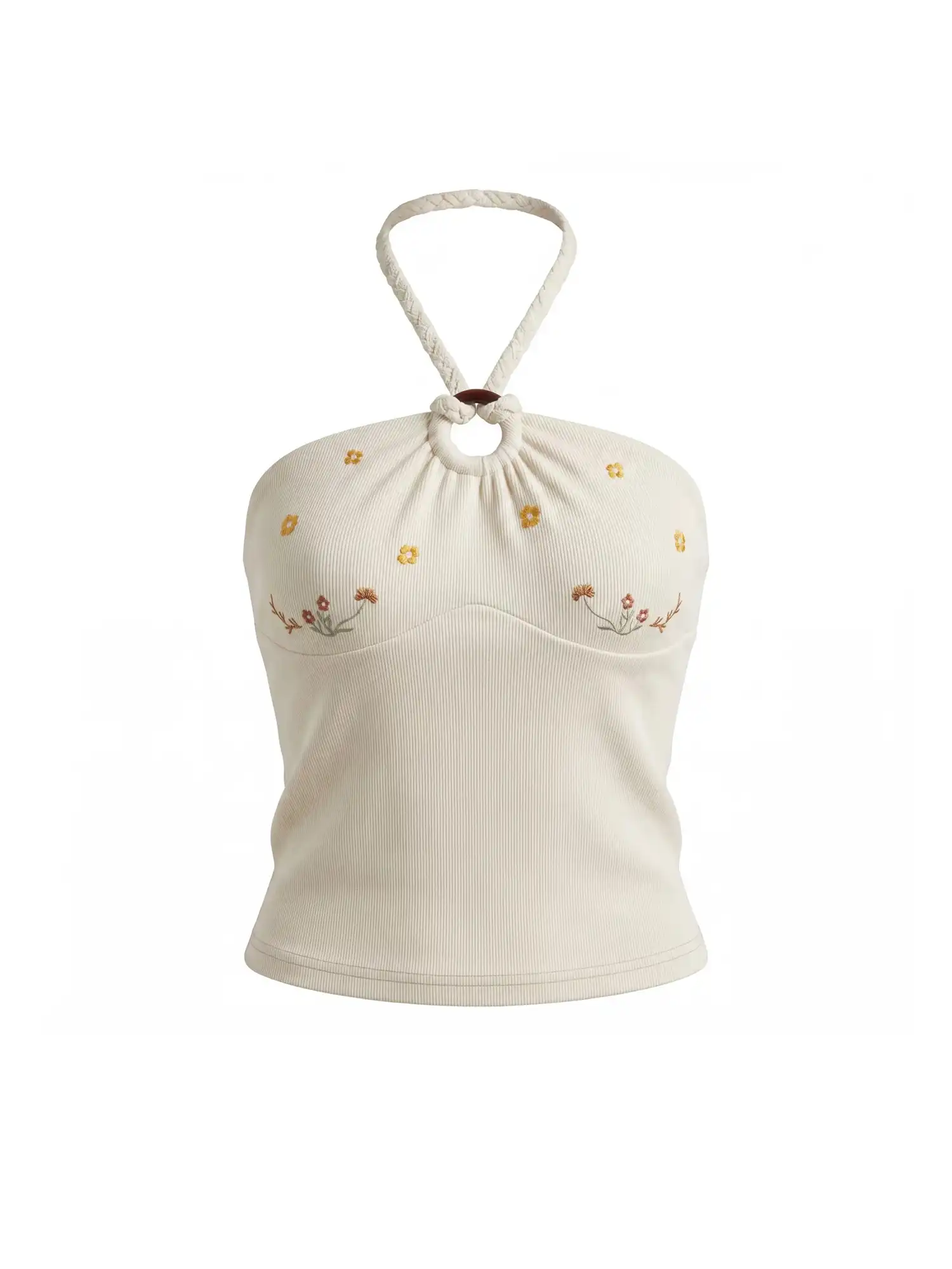 Botanical Embroidered Ribbed Knit Halter Neck Top - Image 3
