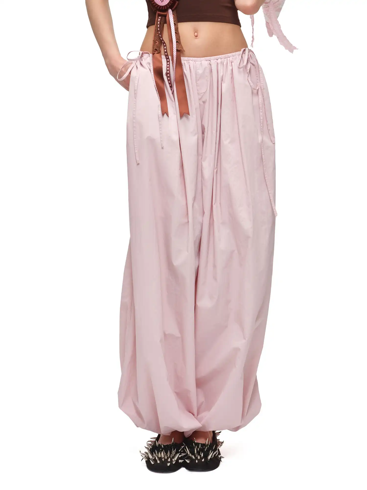 Bow Tie Pleated Tapered Nylon Track Pants