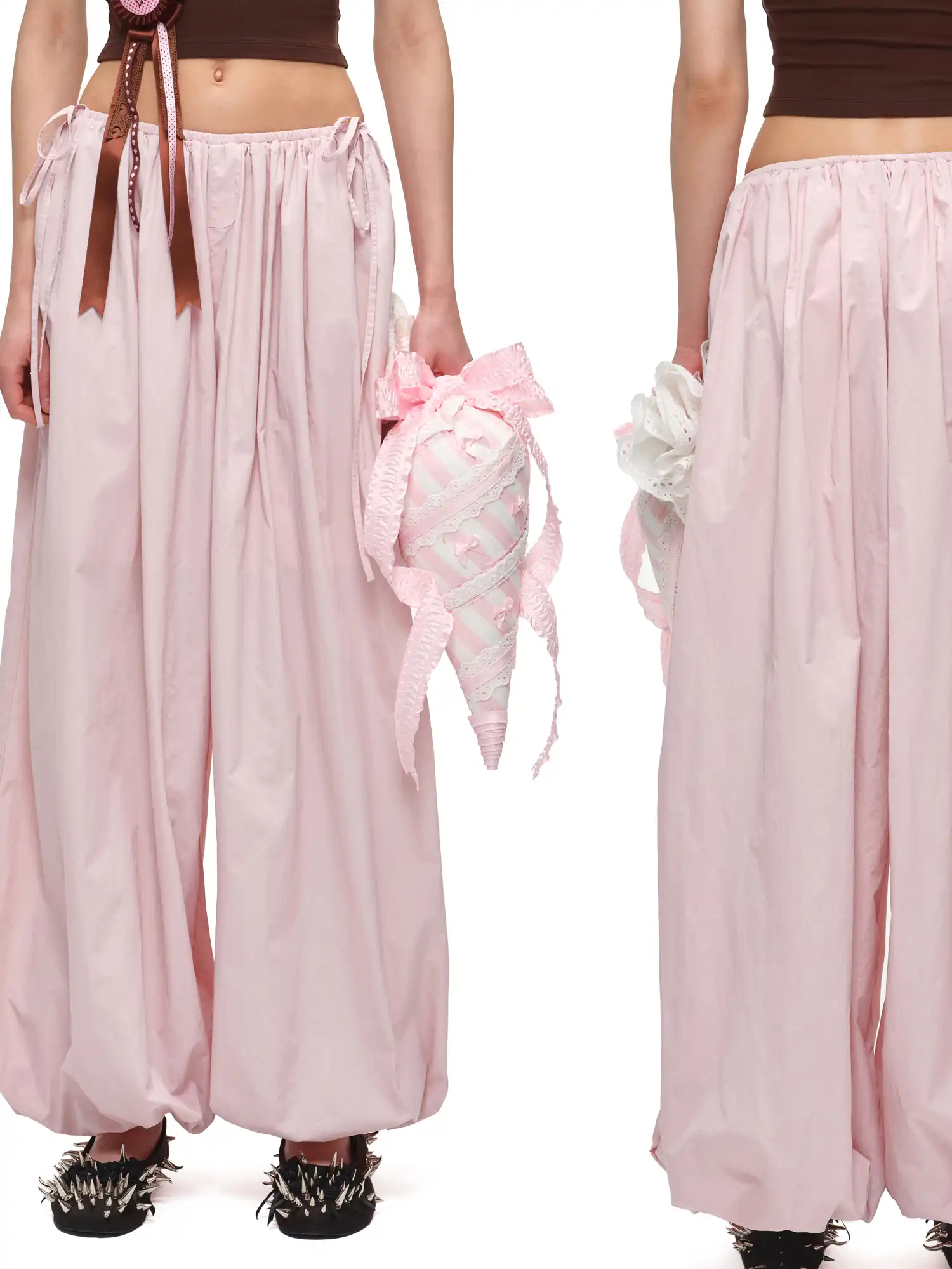 Bow Tie Pleated Tapered Nylon Track Pants - Image 2