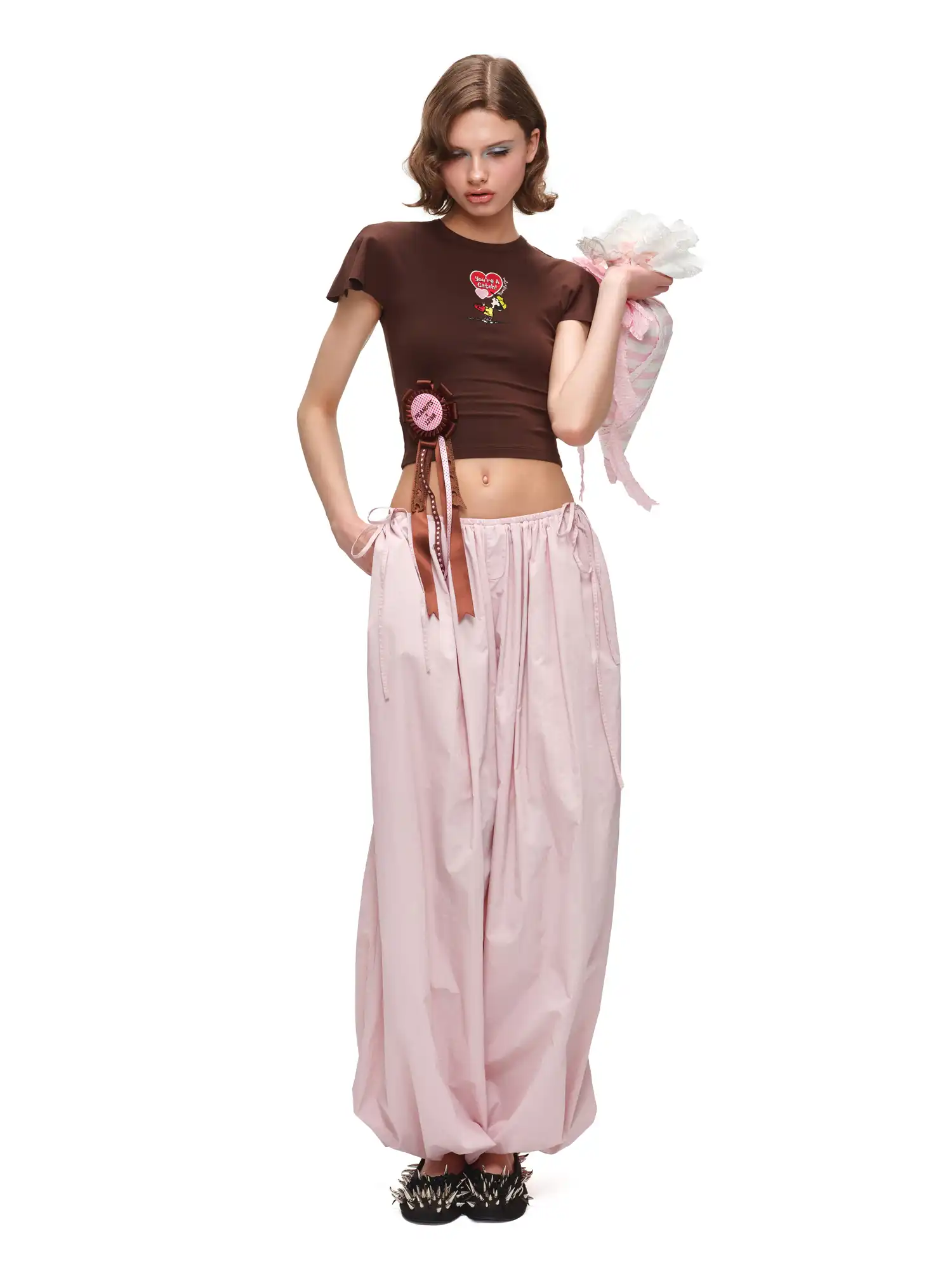 Bow Tie Pleated Tapered Nylon Track Pants - Image 4
