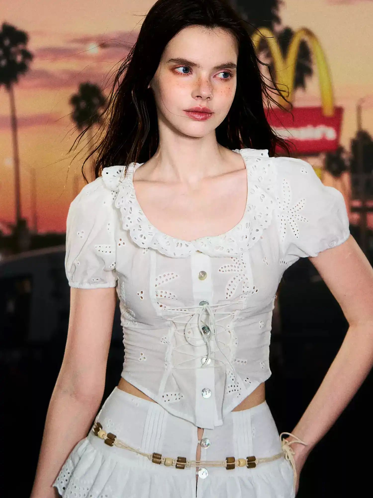 Broderie Anglaise Corset-Lace Cropped Top
