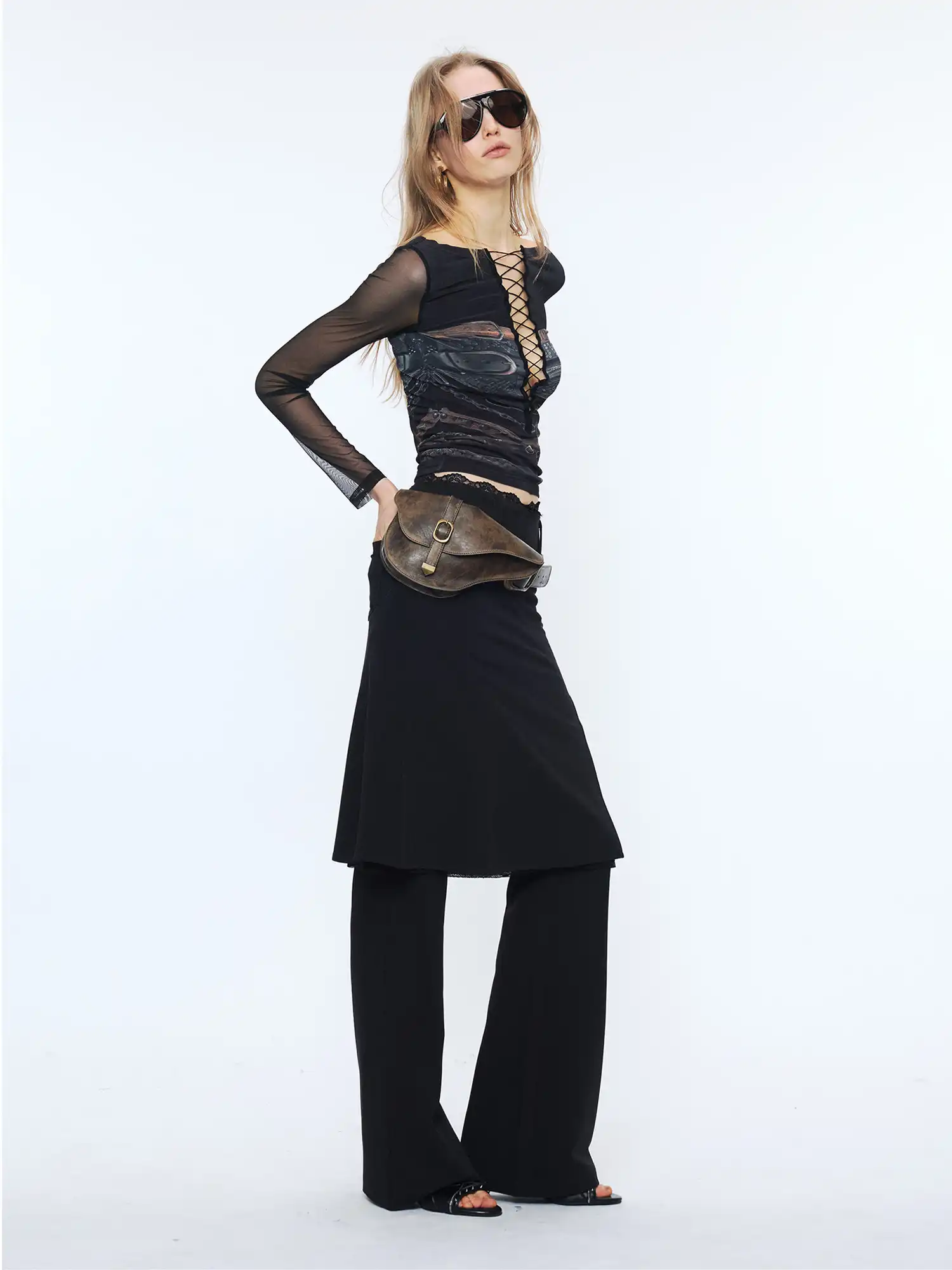 Chest Cut-Out Rope Front Sheer Mesh Layer Top - Image 10