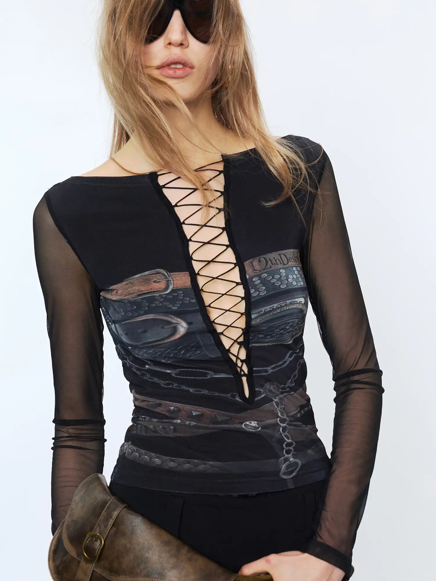 Chest Cut-Out Rope Front Sheer Mesh Layer Top - Image 7