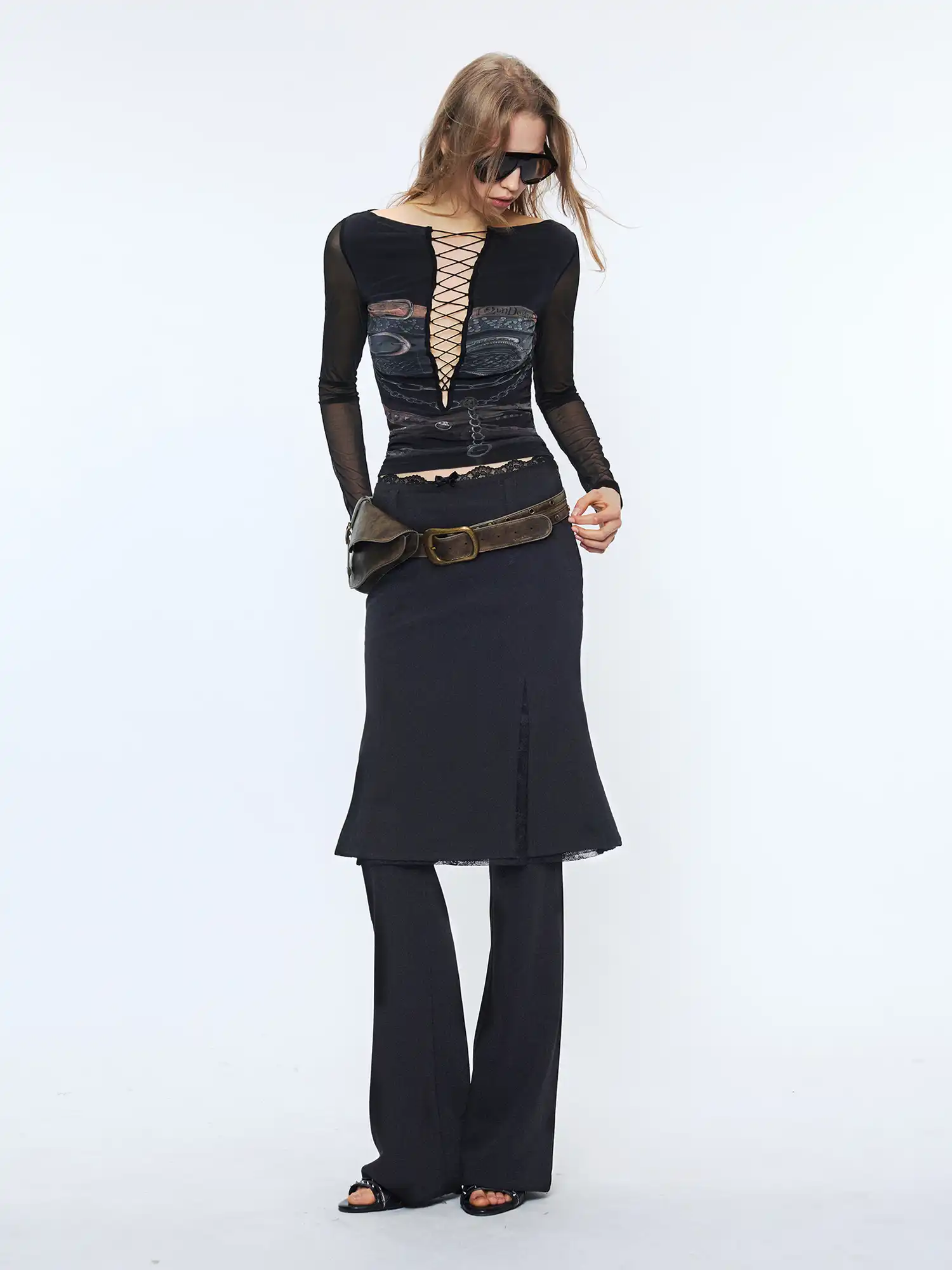 Chest Cut-Out Rope Front Sheer Mesh Layer Top - Image 9